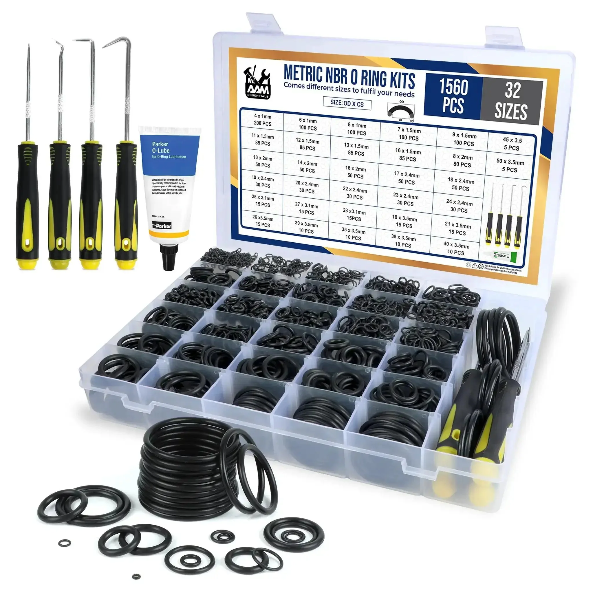 Ultimate O Ring Kit With 1560 Pcs Across 32 Sizes Nitrile Rubber Assortment Plus 4 Hook Set And Grease Tube For Automotive Plumbing Pressure Washer Air And Gas Sealing Connections
