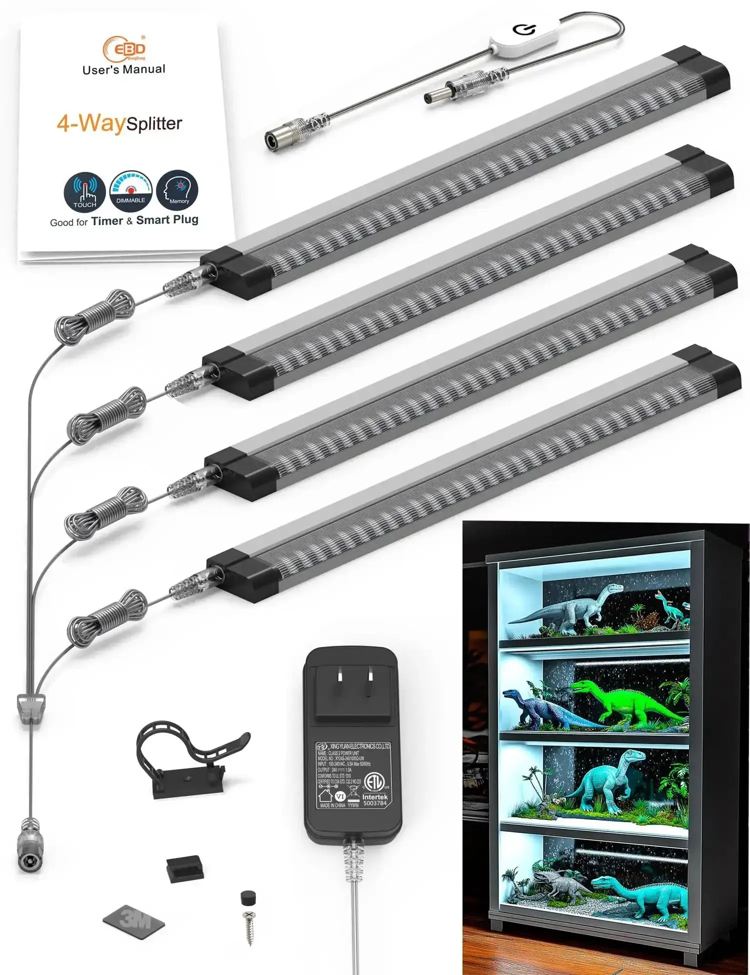 Ultra Bright 4 Panel Under Cabinet LED Light Kit With 4 Way Splitter, 1800 Lumens 3000K Warm White, Long 48 Inch Cables For Kitchen Cabinets, Pantry, Garage, Workbench, Shelves And Closets