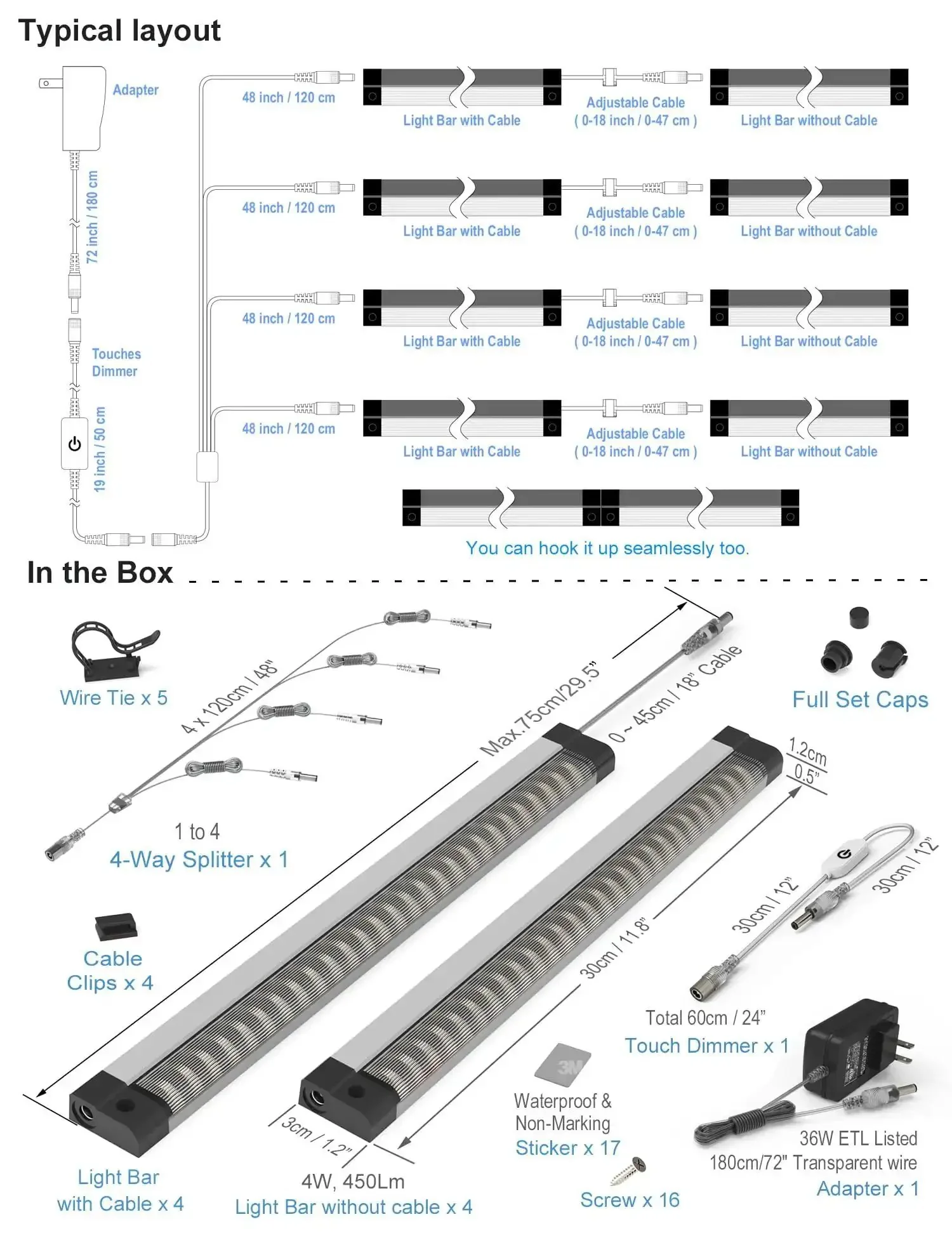 Ultra Bright LED Under Shelf Lighting For Wide Shelves 8 Panel Kit With 4 Way 1.2m Splitter Cabinet Lighting Built In Adjustable Cable Bar 3600 Lumen 6500K Energy Efficient Display Lights For Shelves And Closets - Image 4