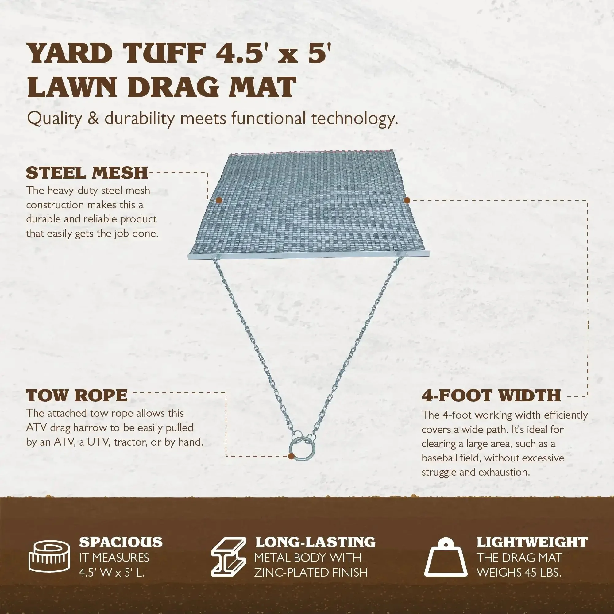 Ultra Heavy Duty ATV UTV Field Surface Leveling Drag Mat With Zinc And Steel Build Five Feet By Four Point Five Feet Tow Chain And Tow Ring Galvanized Mesh For Lawn And Yard Work Weather Ready Leveler Built Tough For Yard Work - Image 7