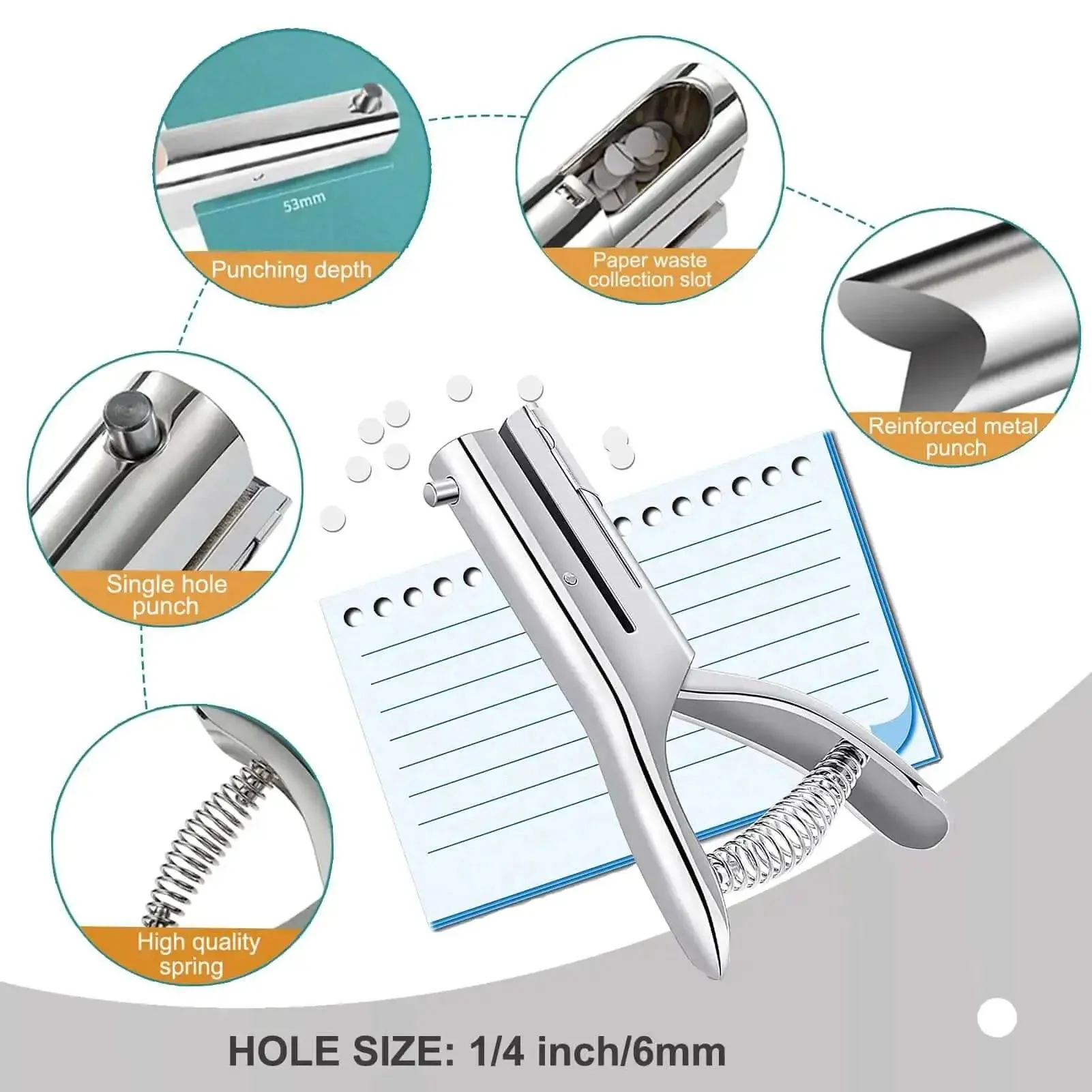 Ultra Long Reach Single Hole Punch Heavy Duty Zinc Alloy Hand Held Leather Punch For Scrapbooking ID Cards PVC Badges Photos And Paper 1/4 Inch Punch Capacity Deep Reach Edge To Center Punching - Image 6