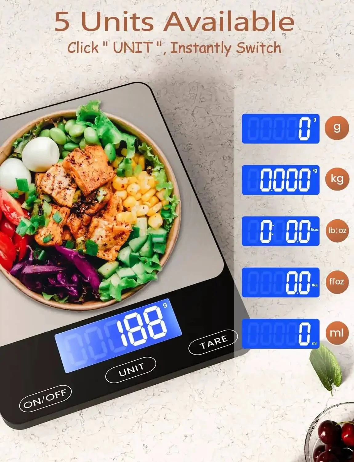 Ultra Precise 33Lb Digital Kitchen Scale With Ounces And Grams, Rechargeable 304 Stainless Steel Platform, Type C Charging Or Battery Power, Waterproof Anti Collision Glass, Dead On Accuracy For Meal Prep, Cooking And Baking, Black - Image 7