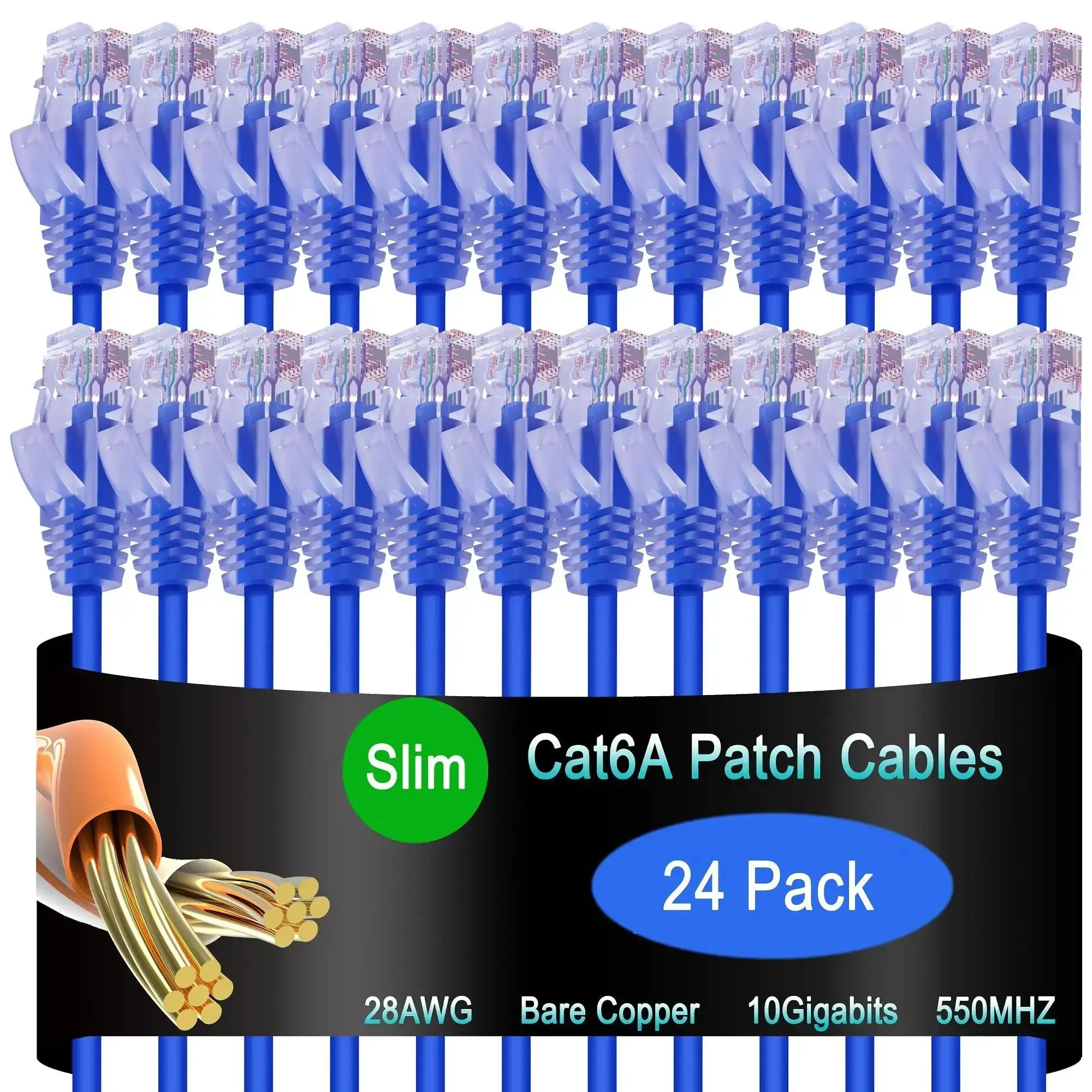 Ultra Slim Cat6a Ethernet Patch Cable 1 Ft Pack Of 24 Blue For Data Centers And Home Networks 10G Ready High Speed Patch Cables That Meet ANSI TIA 5682D Standards For Enterprise And Fast Local Networking
