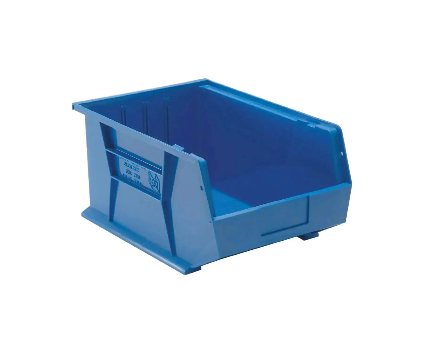 Ultra Stack and Hang Heavy Duty Part Organizer Bins 16 In L by 11 In W by 8 In H 4 Pack Blue Durable Storage Bins With Front Back and Side Grips Built In Rear Hangers for Rails Stable Stacking and Anti Slide Locks