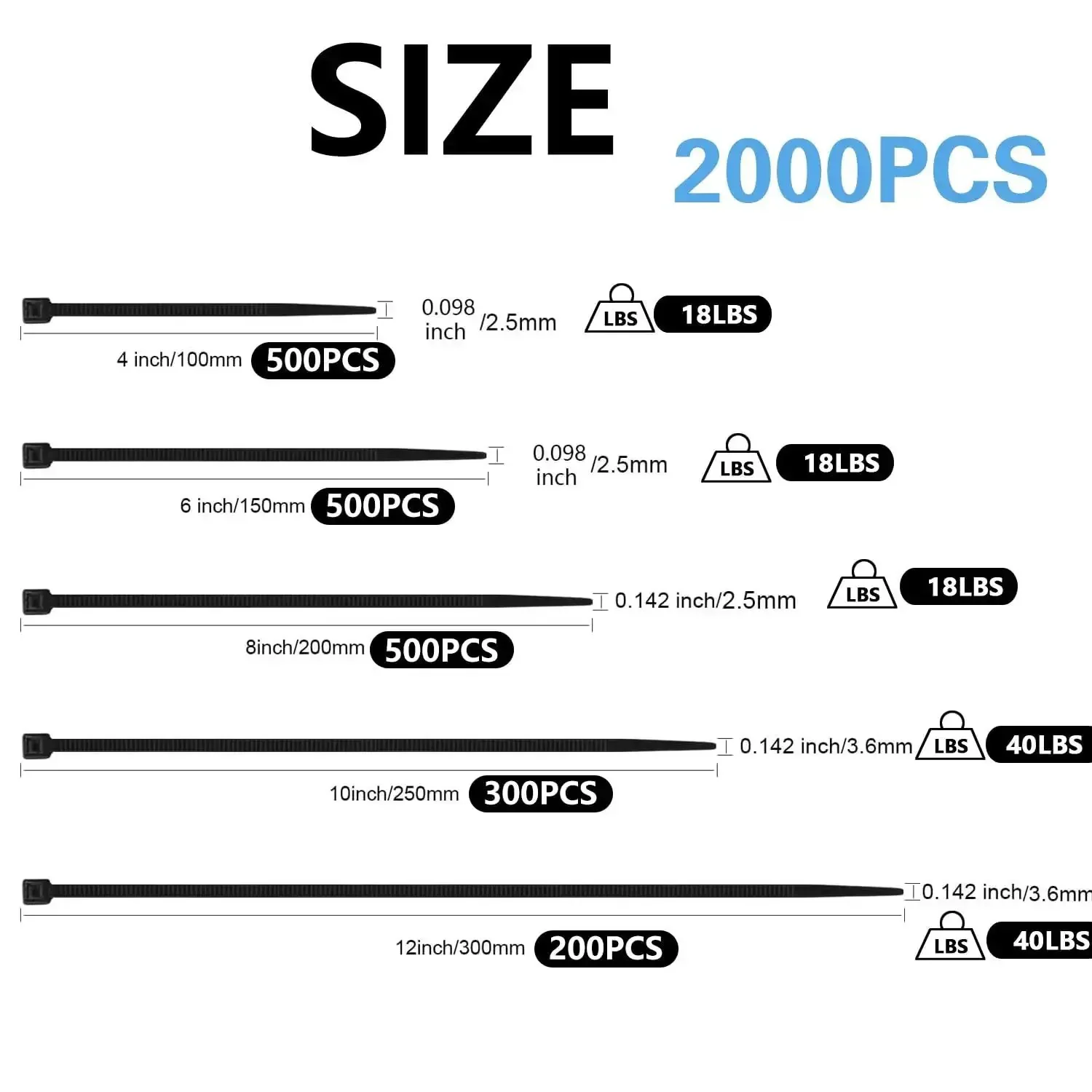 Ultra Tough 2000 Pack Zip Ties Assorted Sizes 4 6 8 10 12 Inch Self Locking Nylon Cable Ties Outdoor UV Resistant Weatherproof Wire Straps for Home Office Garden Workshop Indoor Outdoor Fence Black - Image 7