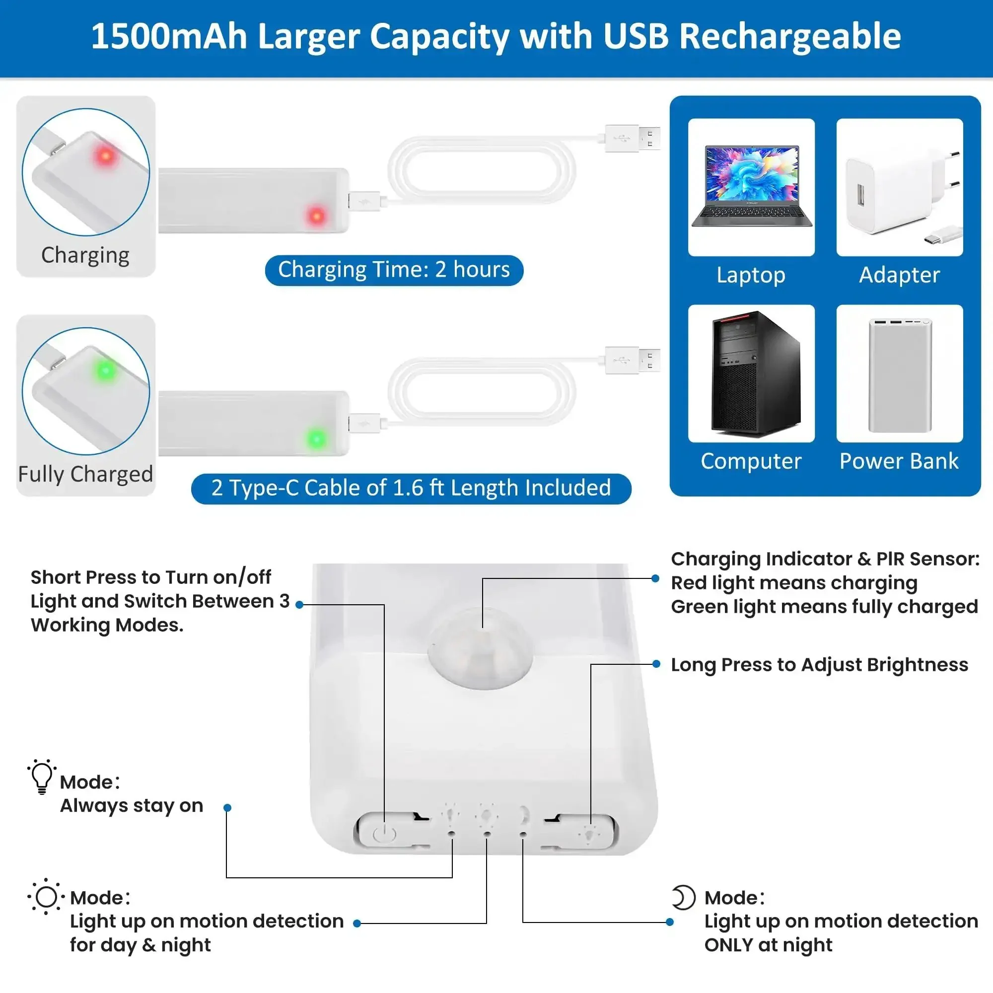 Under Cabinet Motion Sensor Lights 3 Pack Magnetic Rechargeable Bar Wireless Stick On Night Light For Kitchen Cupboards Cool White Three Modes Night Mode Day Mode Always On No Wires Cordless Easy Magnetic Mounting Perfect For Closets And Pantries - Image 7