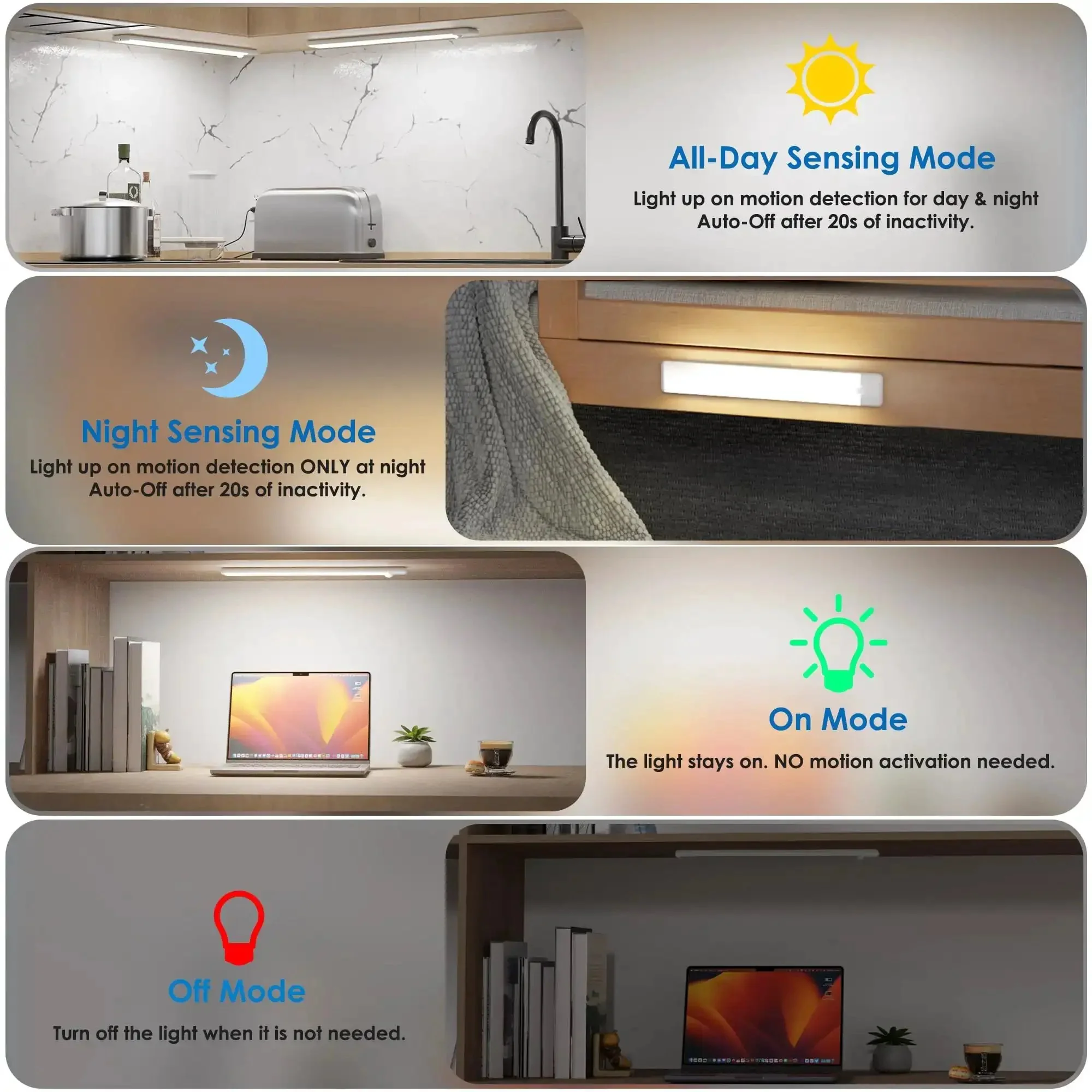 Under Cabinet Motion Sensor Lights 3 Pack Magnetic Rechargeable Bar Wireless Stick On Night Light For Kitchen Cupboards Cool White Three Modes Night Mode Day Mode Always On No Wires Cordless Easy Magnetic Mounting Perfect For Closets And Pantries - Image 8