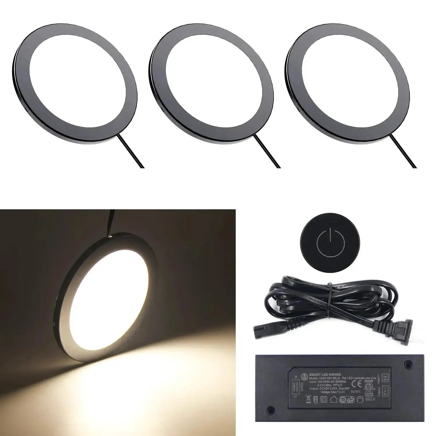 Under Cabinet Puck Lights Kit 3 Pack Surface Mount 3.94 Inch 12V 2.5W Each Total 7.5W With Wireless Dimmer Switch Ultra Thin 8mm Round Black 4000K Downlight For Kitchen RV Van Truck Galley No Fuss Easy Install
