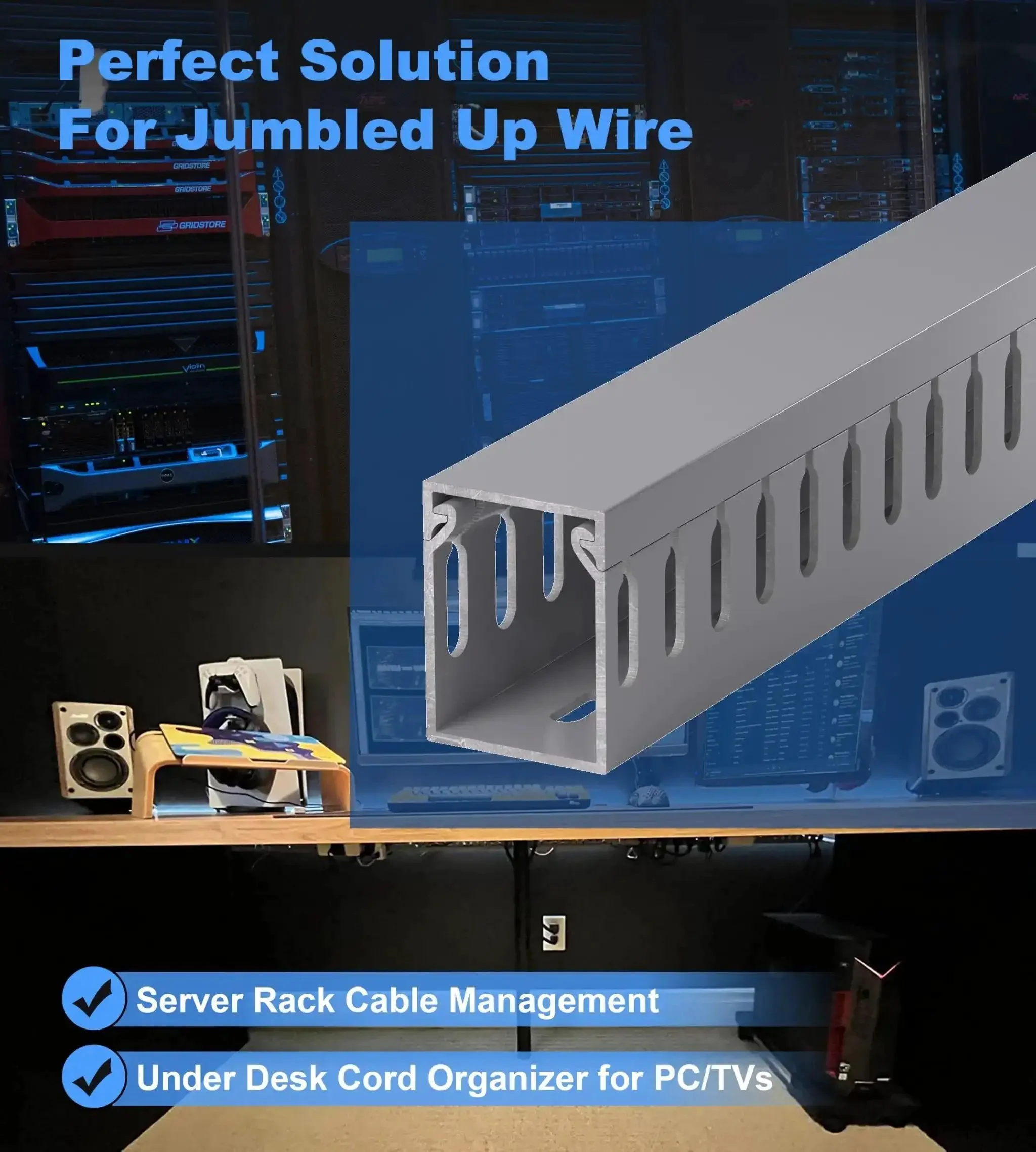 Under Desk Cable Management Raceway Kit 6X 16.5 Inch Sections, 99 Inch Total Length, Open Slot PVC Wire Raceways for Computer, Network and Server Cables, Grey, High Capacity Up To 20 Cables, Easy Install - Image 3