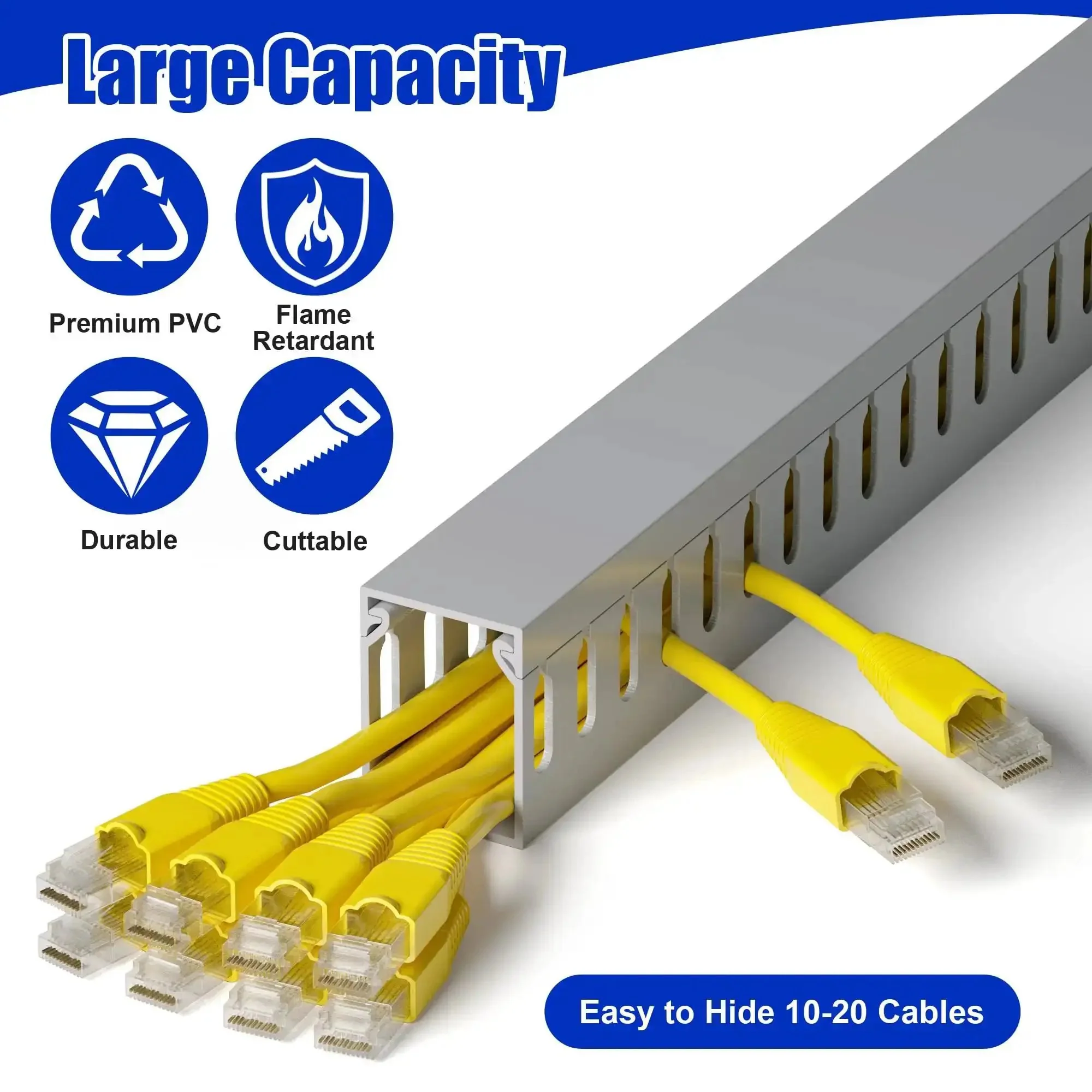Under Desk Cable Management Raceway Kit 6X 16.5 Inch Sections, 99 Inch Total Length, Open Slot PVC Wire Raceways for Computer, Network and Server Cables, Grey, High Capacity Up To 20 Cables, Easy Install - Image 5