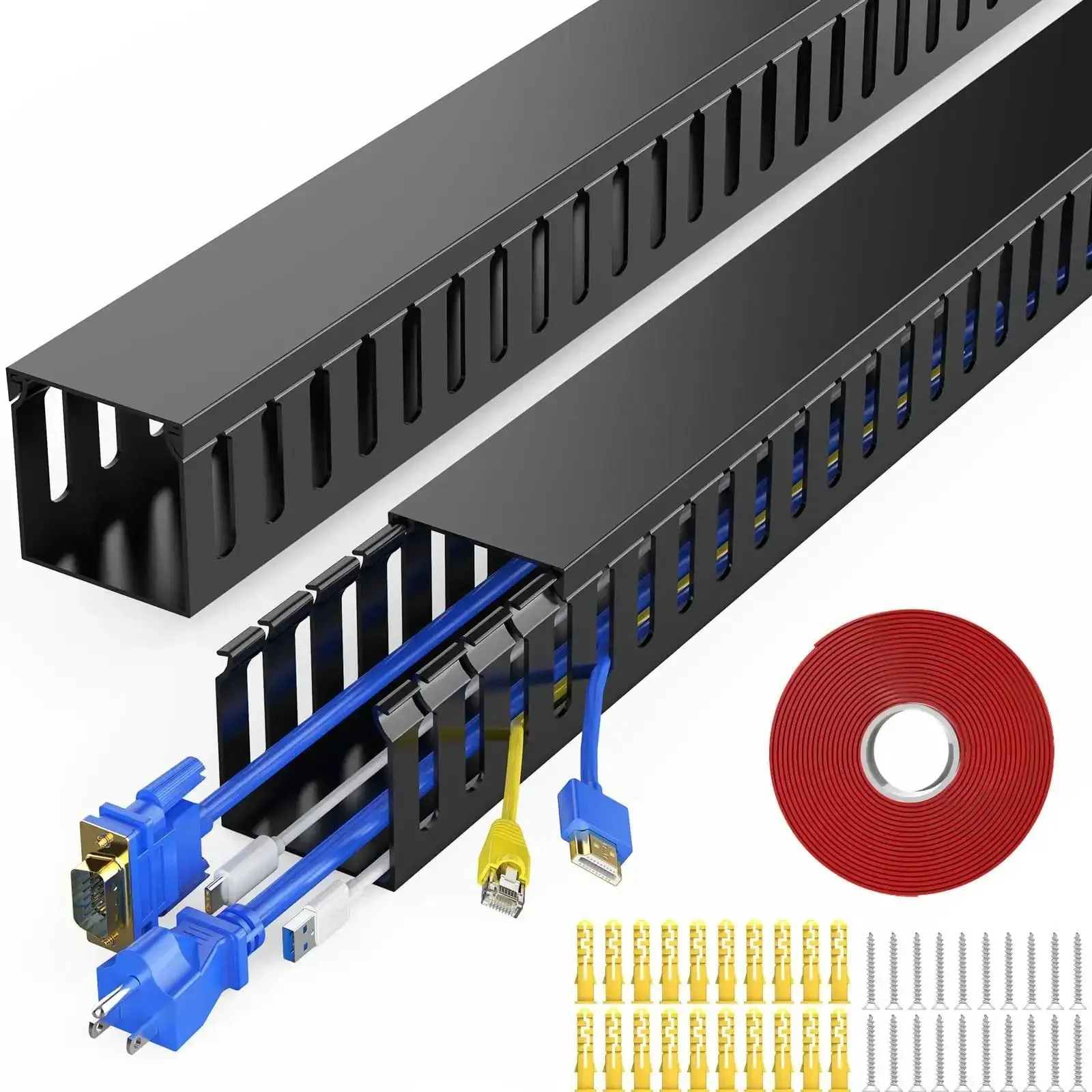 Under Desk Cable Management Raceways Kit, Two-Piece Open Slot Duct For Hiding Wires, 30.8 Inch Total Length, Black, Each 1.97 Inch High By 1.97 Inch Wide, Keeps Computer And TV Cables Neat And Safe