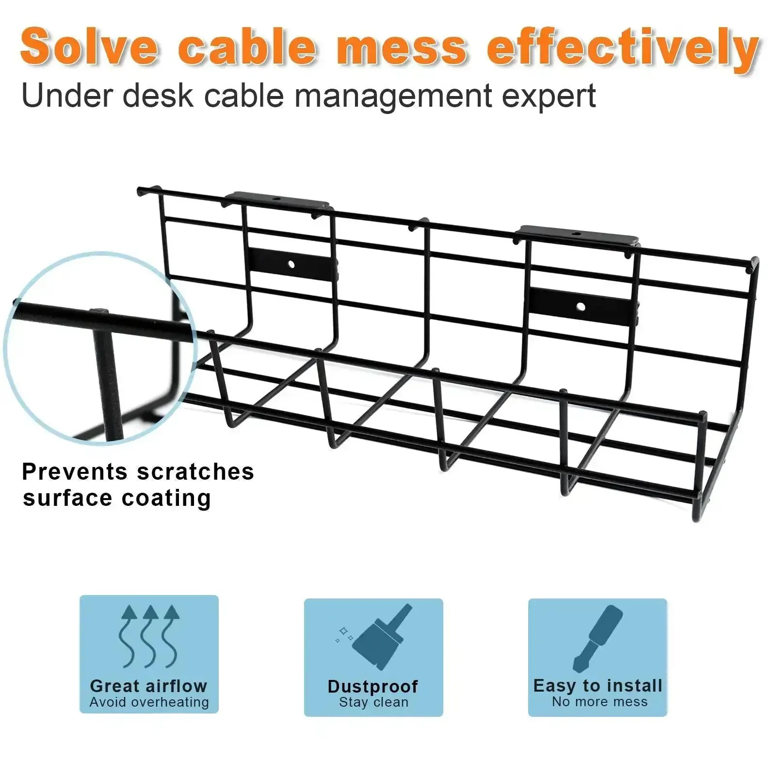 Under Desk Cable Management Tray 2 Pack Heavy Duty Metal Wire Cord Organizer For Office Studio And Home Black Under Table Wire Tray To Tidy Power Strips Ethernet USB Hubs HDMI Cables And More Say Goodbye To Cable Chaos - Image 7