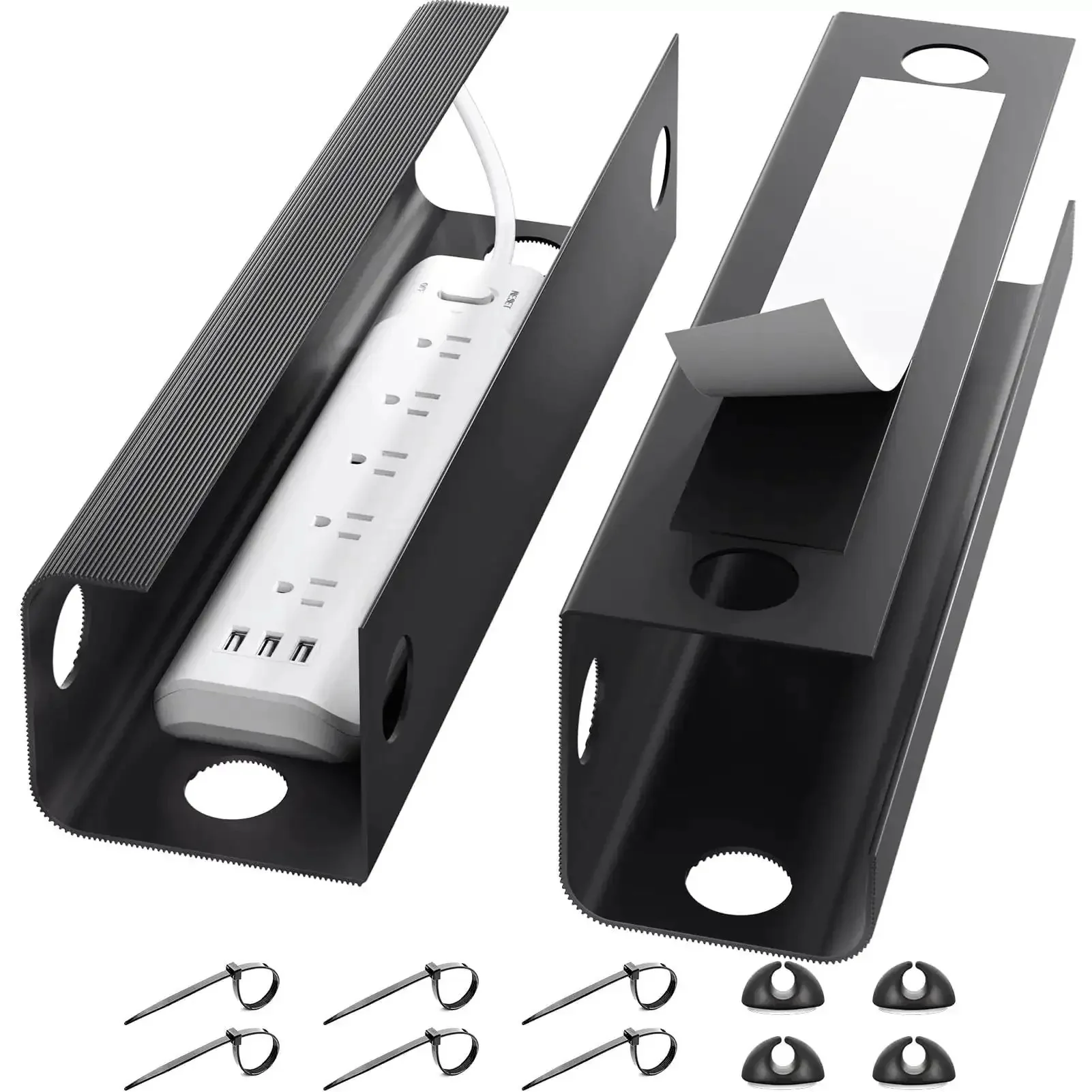 Under Desk Cable Management Tray 31.5 Inch Two Pack Cord Organizer And Hider For Office And Home No Screw Wire Management Black Large Capacity For Power Strips Cables And Cords Keeps Your Desk Clean And Tidy