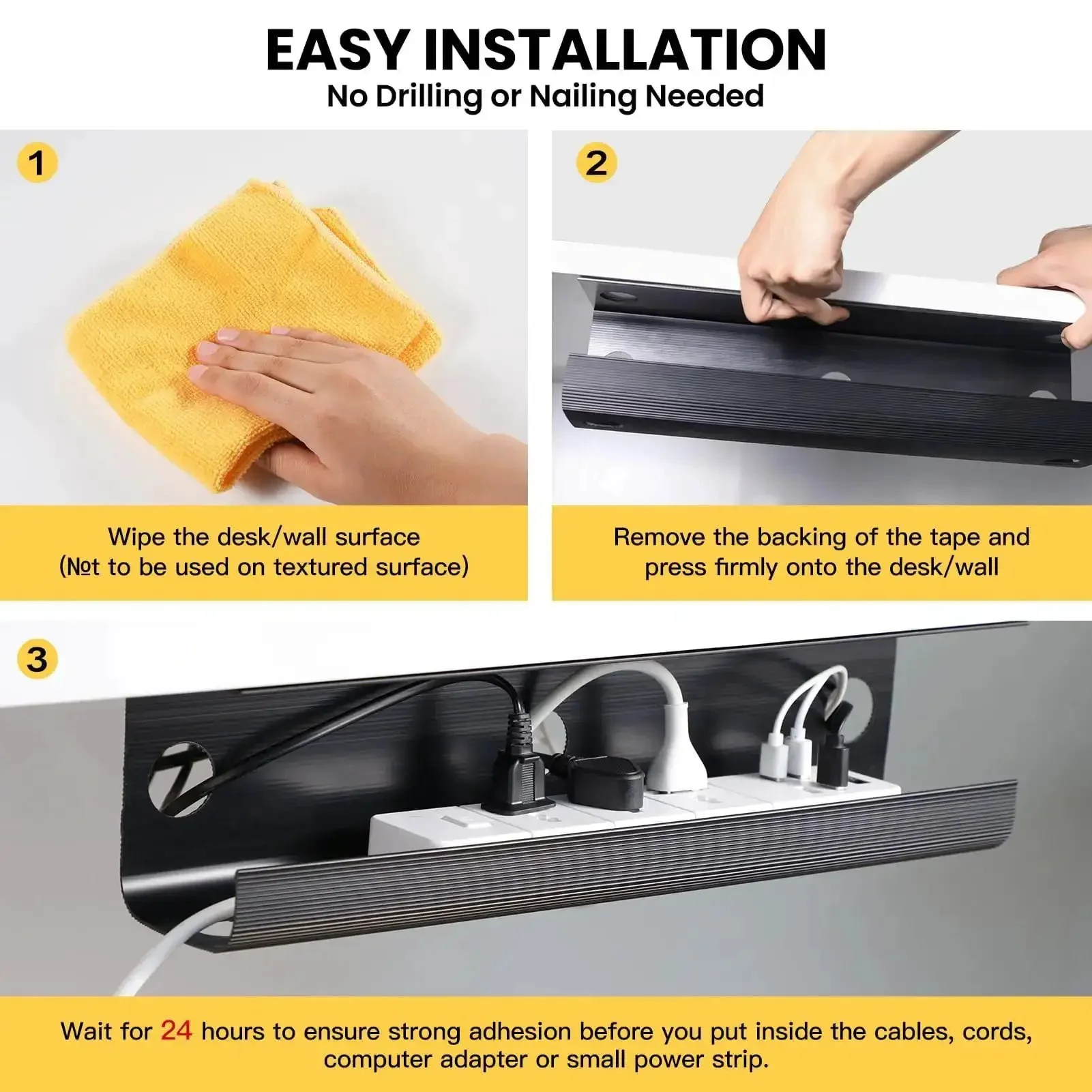 Under Desk Cable Management Tray 31.5 Inch Two Pack Cord Organizer And Hider For Office And Home No Screw Wire Management Black Large Capacity For Power Strips Cables And Cords Keeps Your Desk Clean And Tidy - Image 6