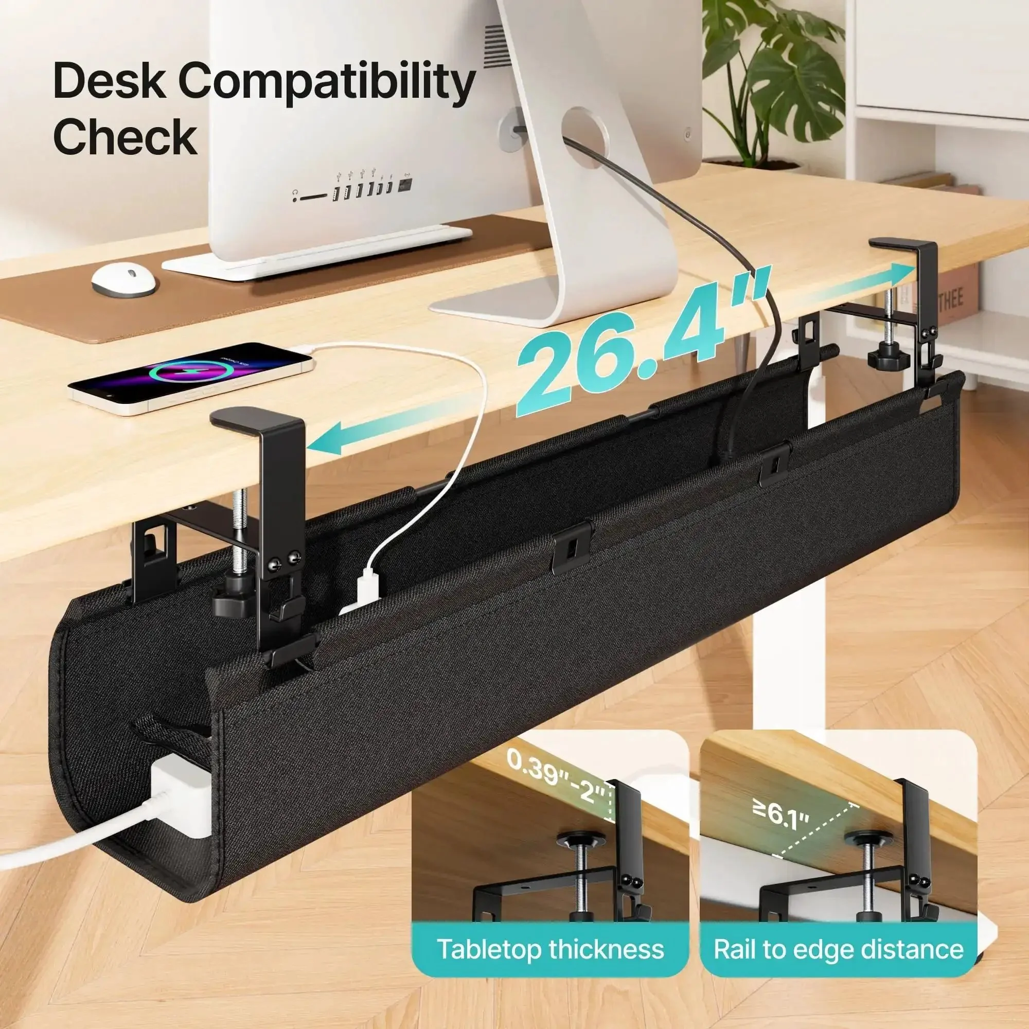 Under Desk Cable Management Tray 31.5 Inches No Drill Clamp Mount Wire Organizer For Office And Home Premium Fabric Cord Tray For Power Strips Surges Adapters And Cables - Image 8
