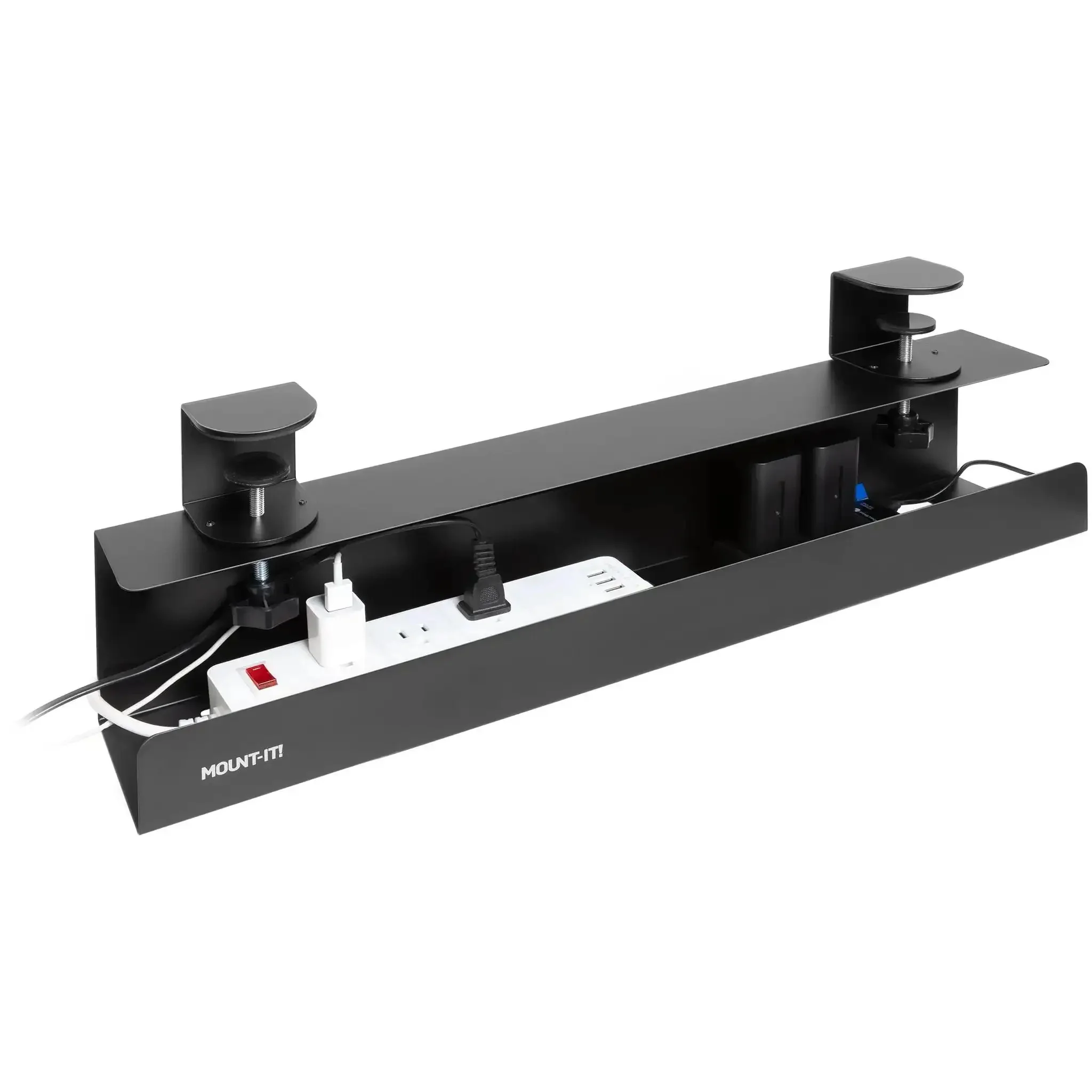 Under Desk Cable Management Tray Clamp-On No-Drill Metal Organizer For Cords And Wires, Easy Clamp-On Setup For Desks, Standing Desks, Glass Desks, Power Strips, 23.6 Inch Black