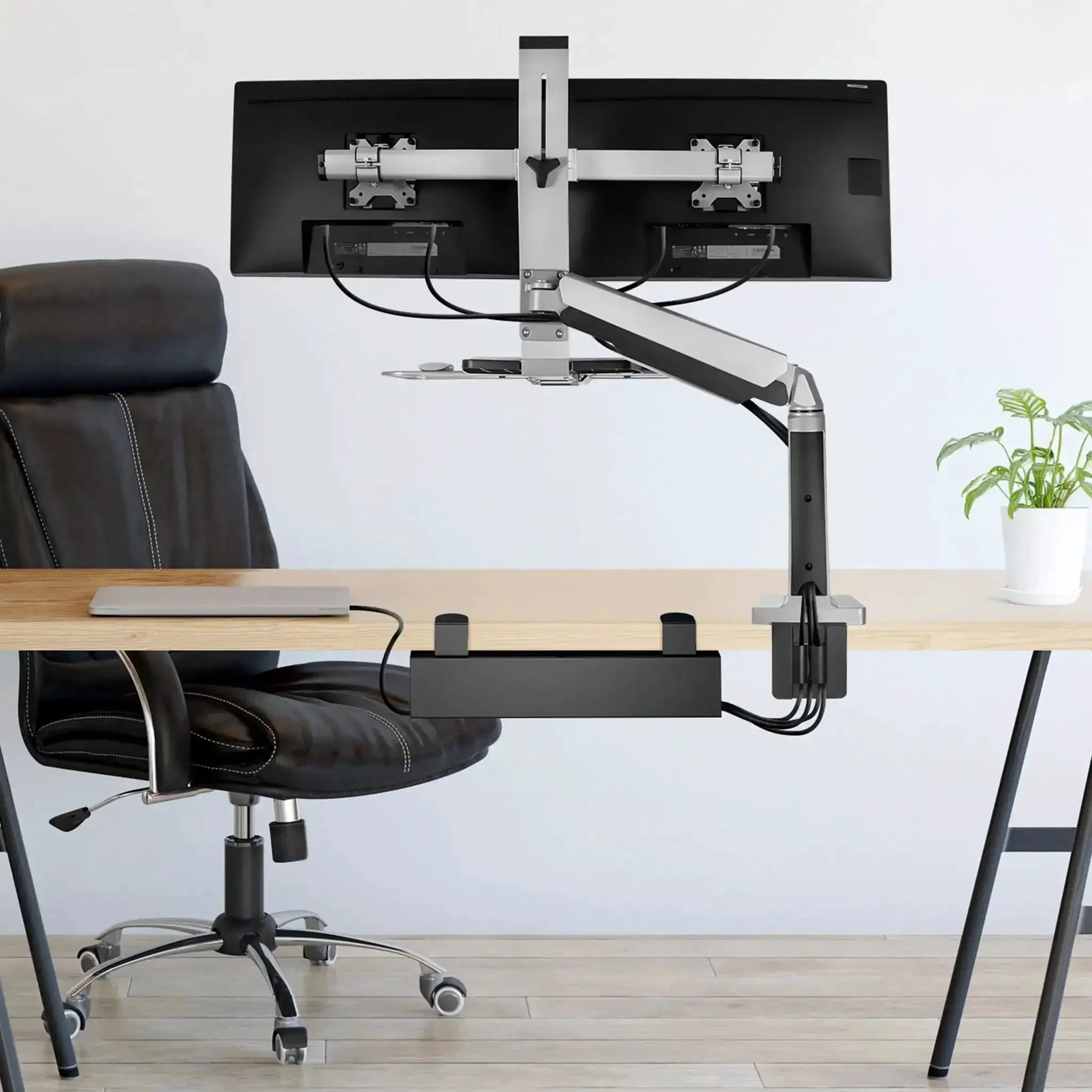 Under Desk Cable Management Tray Clamp-On No-Drill Metal Organizer For Cords And Wires, Easy Clamp-On Setup For Desks, Standing Desks, Glass Desks, Power Strips, 23.6 Inch Black - Image 2