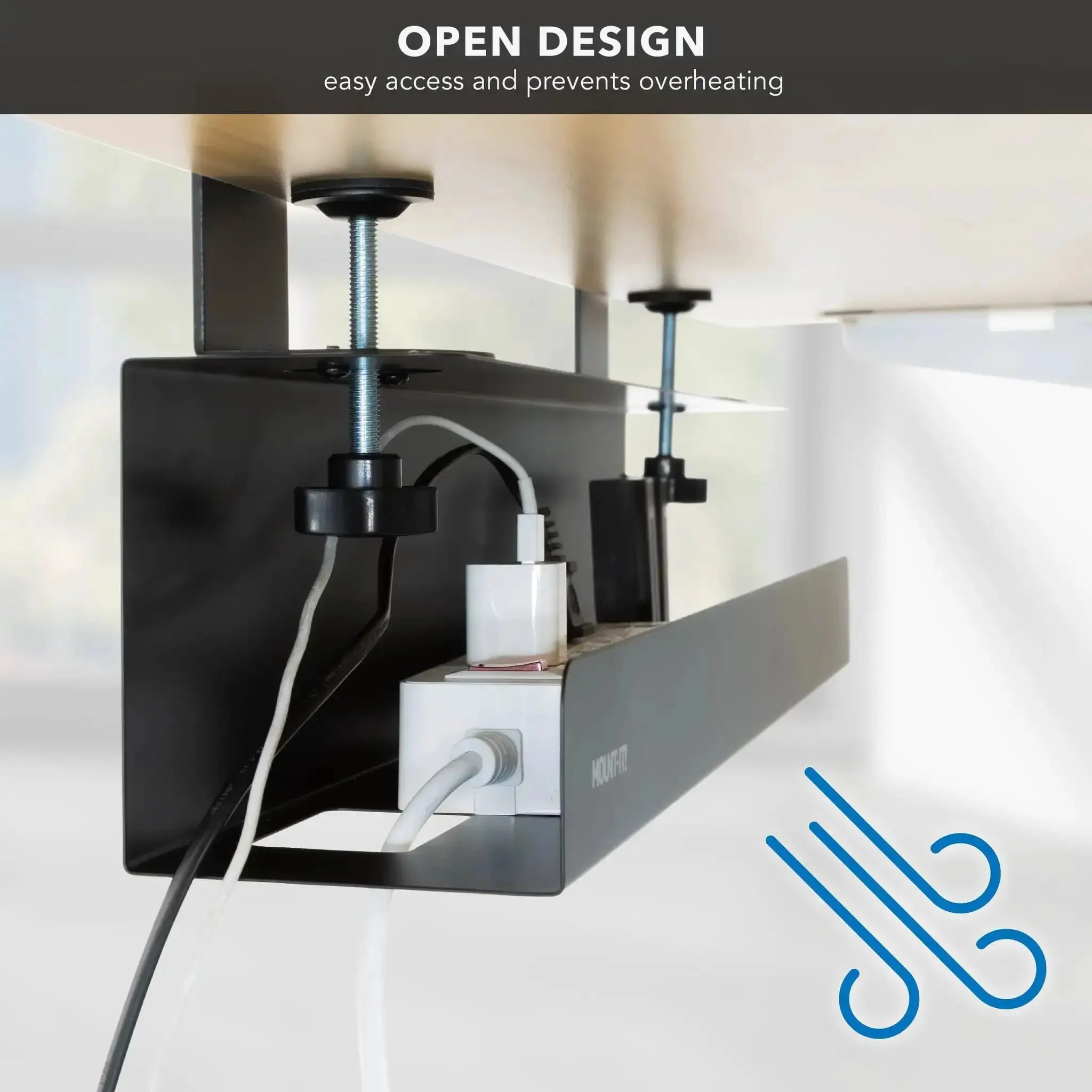 Under Desk Cable Management Tray Clamp-On No-Drill Metal Organizer For Cords And Wires, Easy Clamp-On Setup For Desks, Standing Desks, Glass Desks, Power Strips, 23.6 Inch Black - Image 3