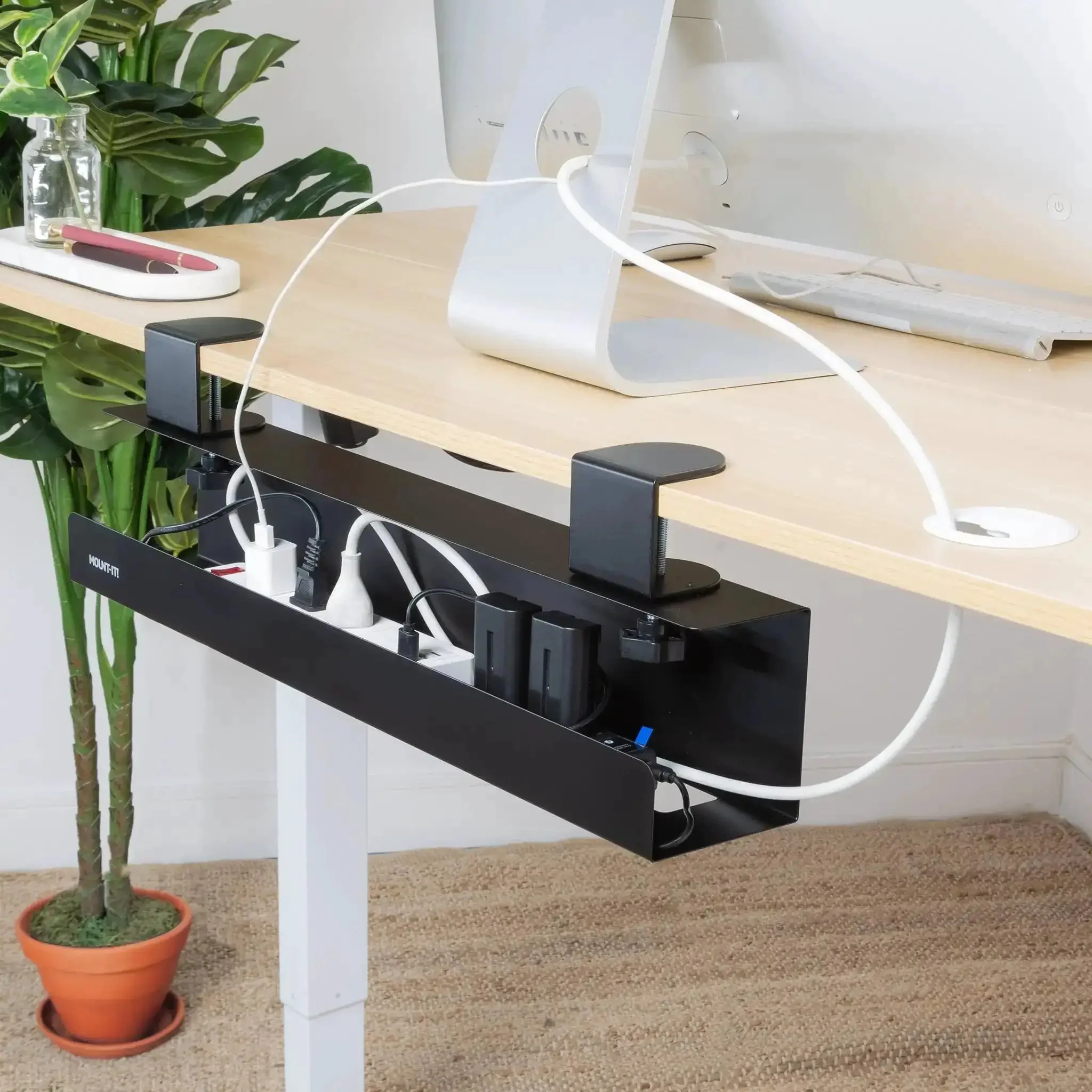 Under Desk Cable Management Tray Clamp-On No-Drill Metal Organizer For Cords And Wires, Easy Clamp-On Setup For Desks, Standing Desks, Glass Desks, Power Strips, 23.6 Inch Black - Image 5