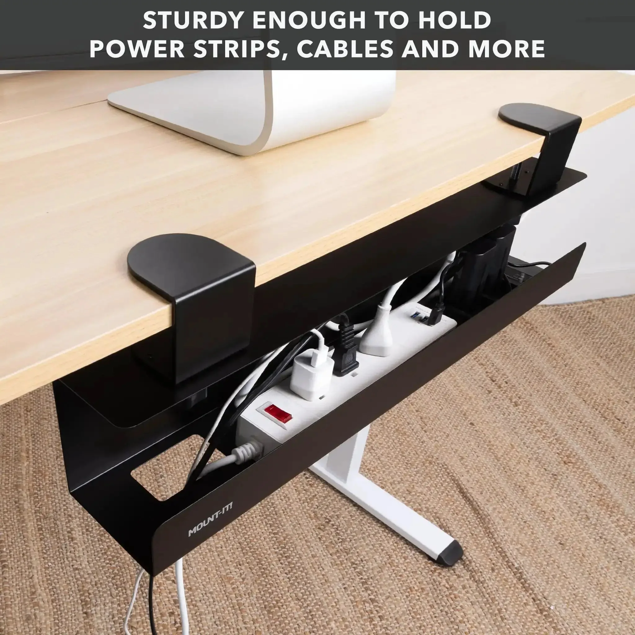Under Desk Cable Management Tray Clamp-On No-Drill Metal Organizer For Cords And Wires, Easy Clamp-On Setup For Desks, Standing Desks, Glass Desks, Power Strips, 23.6 Inch Black - Image 8