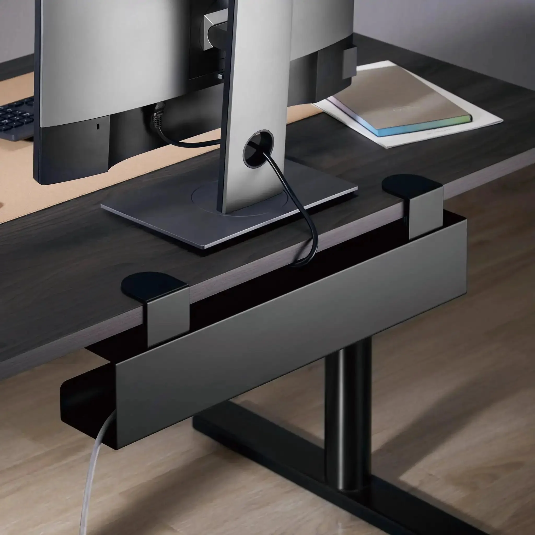 Under Desk Cable Management Tray Clamp-On No-Drill Metal Organizer For Cords And Wires, Easy Clamp-On Setup For Desks, Standing Desks, Glass Desks, Power Strips, 23.6 Inch Black - Image 9