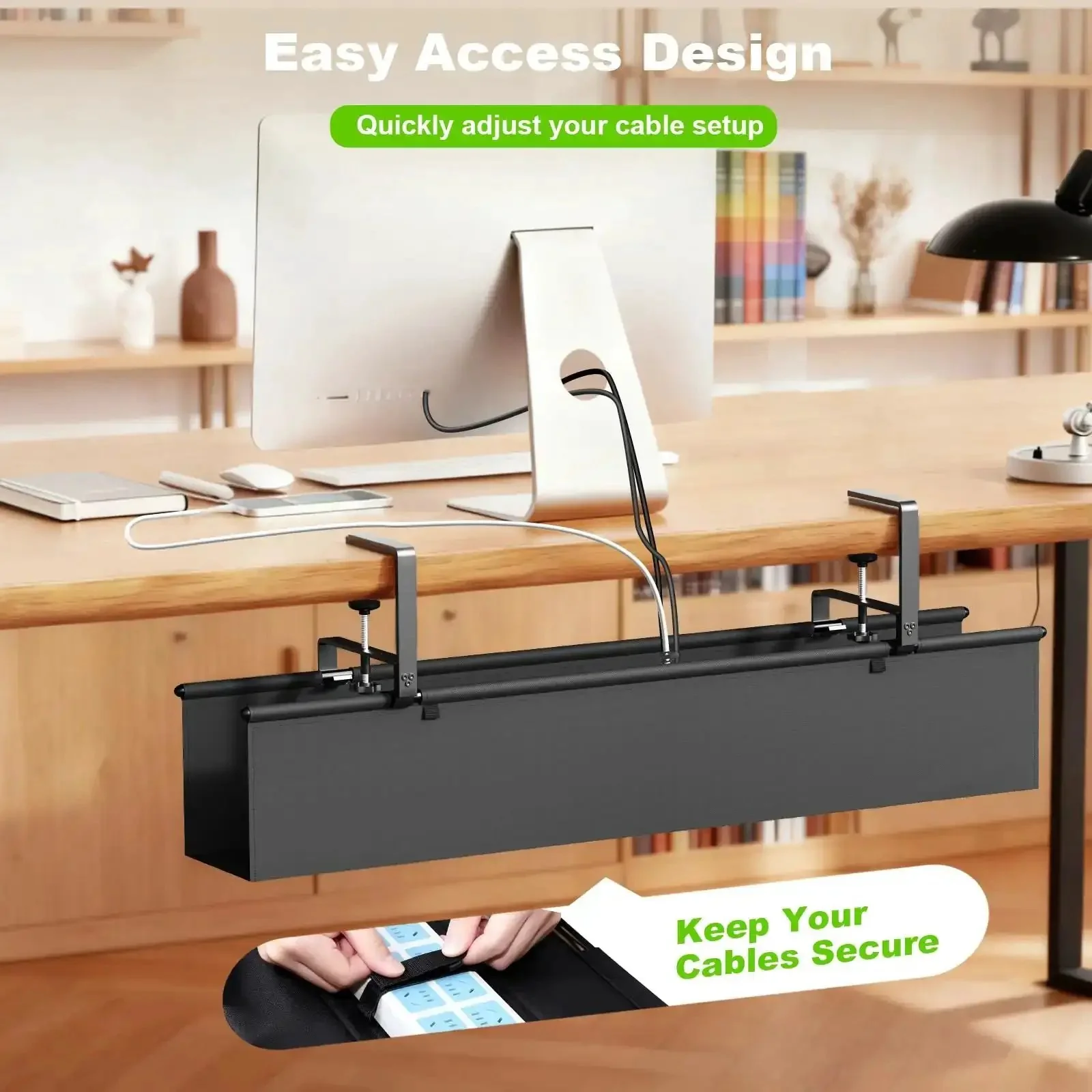 Under Desk Cable Management Tray No Drill Install, 36 Inch Fabric Cord Organizer With Clamp Or Screw Mount For Desk, Hides Cables And Keeps Office Or Home Space Clean, Black - Image 3