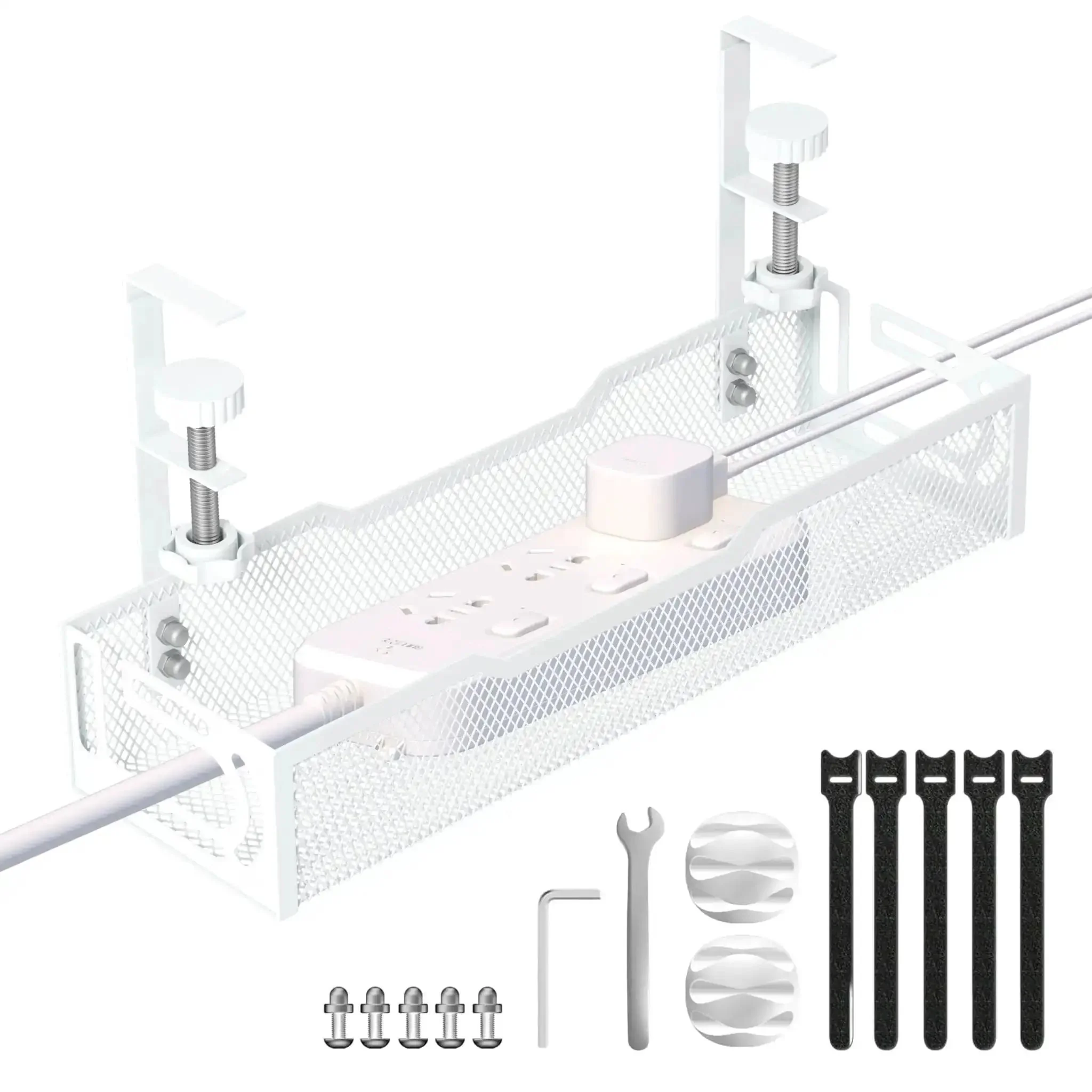 Under Desk Cable Management Tray No Drill Mesh Organizer For Cables Wire Management Rack And Cable Box Adjustable Clamps Fit 0.4 To 2.2 Inch Desk Thickness Easy Install White Finish Keeps Wires Neat Safe And Tidy
