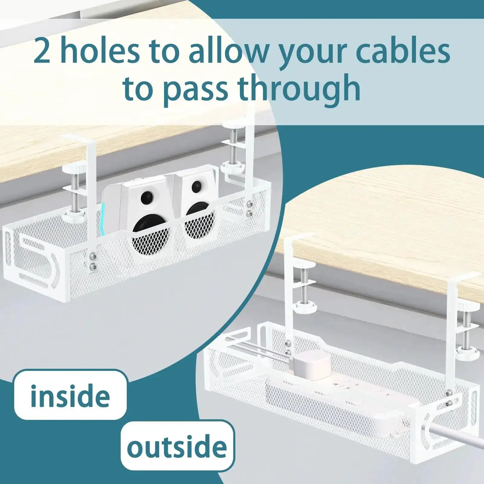 Under Desk Cable Management Tray No Drill Mesh Organizer For Cables Wire Management Rack And Cable Box Adjustable Clamps Fit 0.4 To 2.2 Inch Desk Thickness Easy Install White Finish Keeps Wires Neat Safe And Tidy - Image 2