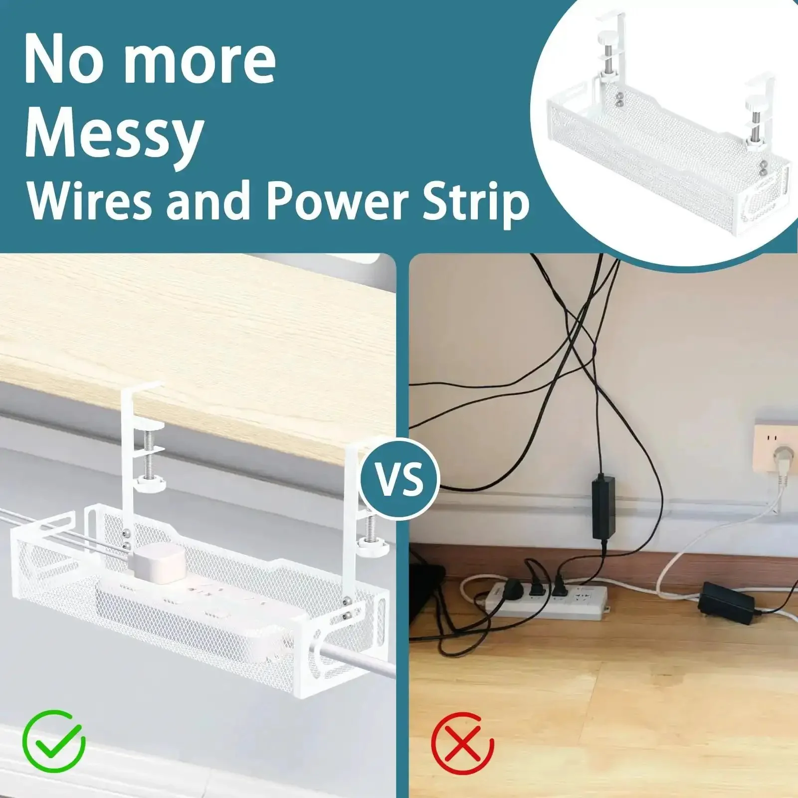 Under Desk Cable Management Tray No Drill Mesh Organizer For Cables Wire Management Rack And Cable Box Adjustable Clamps Fit 0.4 To 2.2 Inch Desk Thickness Easy Install White Finish Keeps Wires Neat Safe And Tidy - Image 3