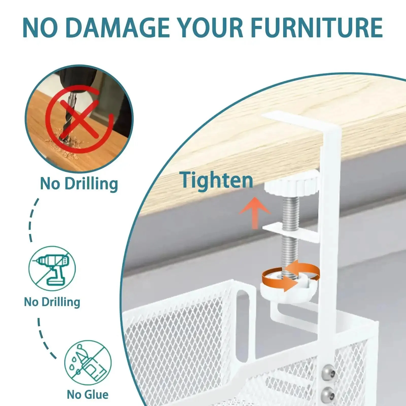 Under Desk Cable Management Tray No Drill Mesh Organizer For Cables Wire Management Rack And Cable Box Adjustable Clamps Fit 0.4 To 2.2 Inch Desk Thickness Easy Install White Finish Keeps Wires Neat Safe And Tidy - Image 4