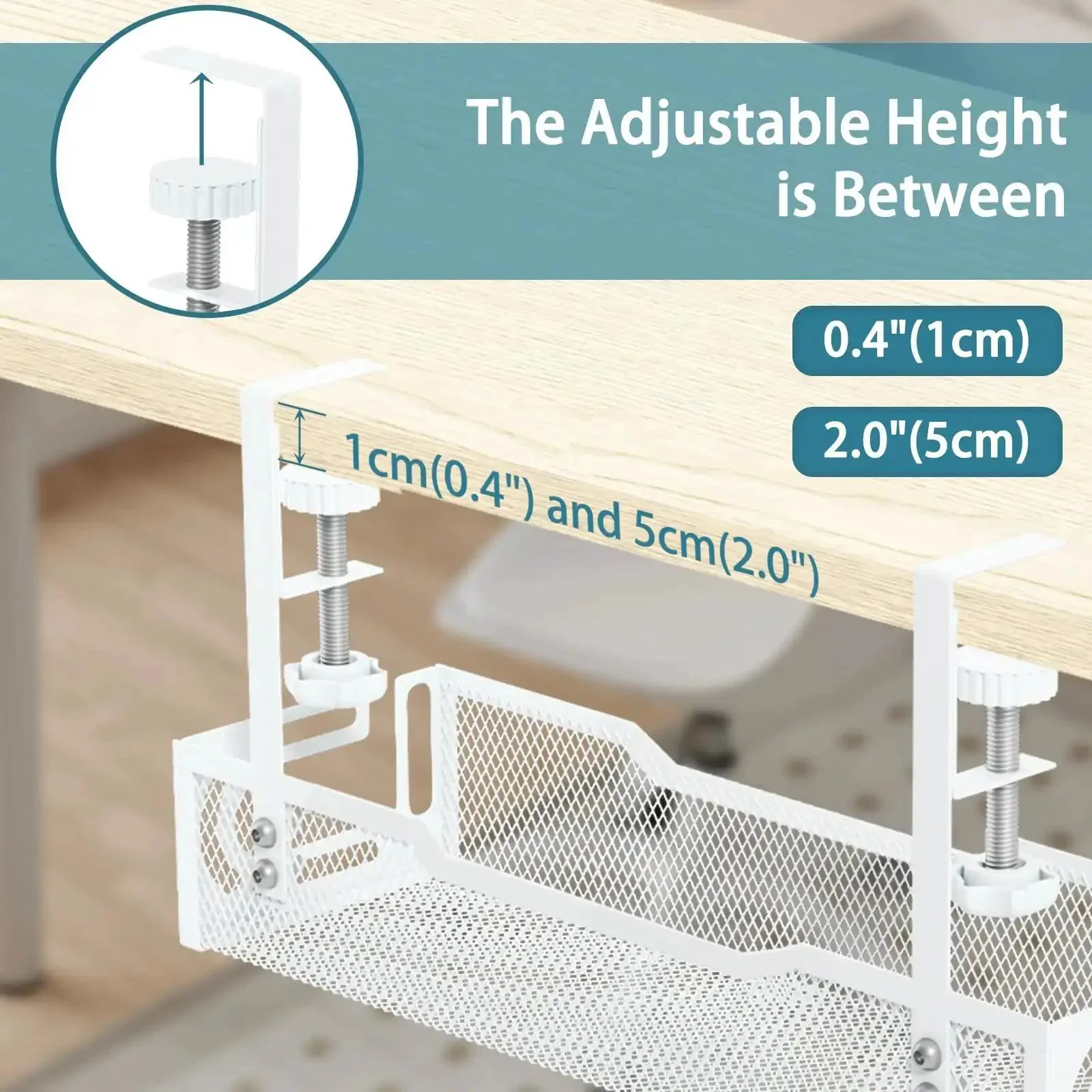 Under Desk Cable Management Tray No Drill Mesh Organizer For Cables Wire Management Rack And Cable Box Adjustable Clamps Fit 0.4 To 2.2 Inch Desk Thickness Easy Install White Finish Keeps Wires Neat Safe And Tidy - Image 5