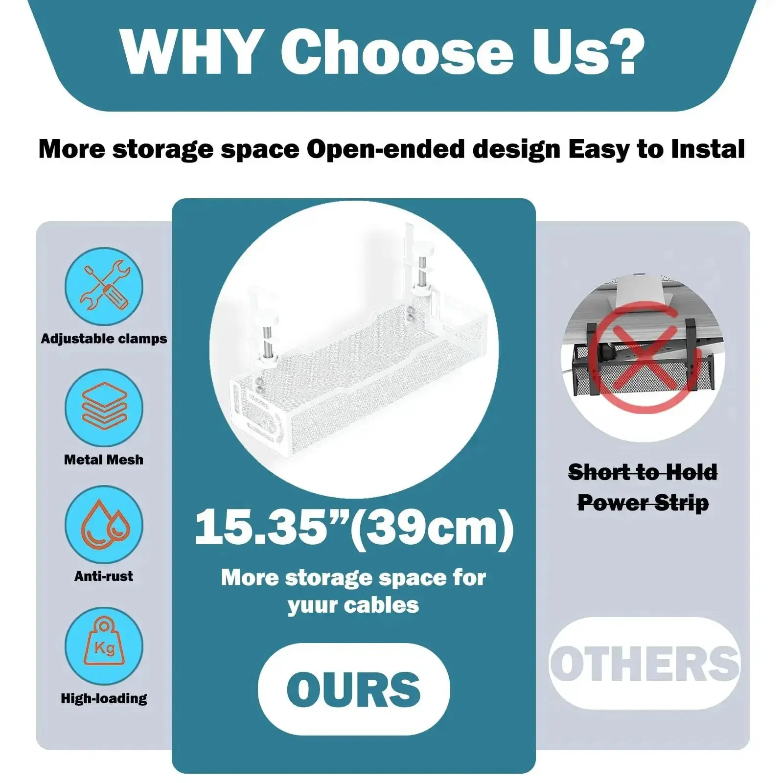 Under Desk Cable Management Tray No Drill Mesh Organizer For Cables Wire Management Rack And Cable Box Adjustable Clamps Fit 0.4 To 2.2 Inch Desk Thickness Easy Install White Finish Keeps Wires Neat Safe And Tidy - Image 6