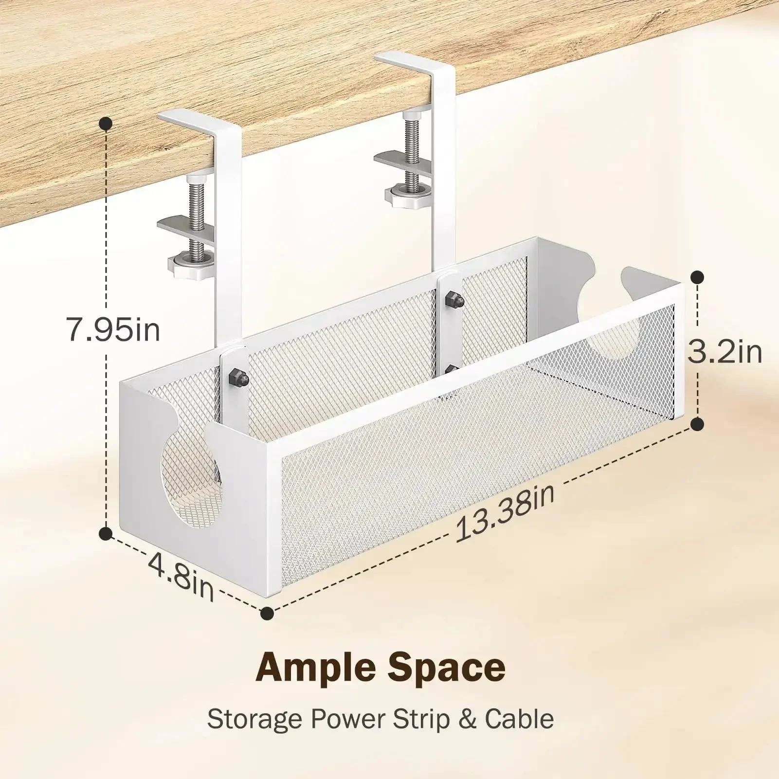 Under Desk Cable Management Tray No Drill Metal Mesh Organizer For Home Office With F Clamp Mount And Open Holes Keeps Power Strips And Wires Neat Off The Floor Easy Five Minute Setup White - Image 9