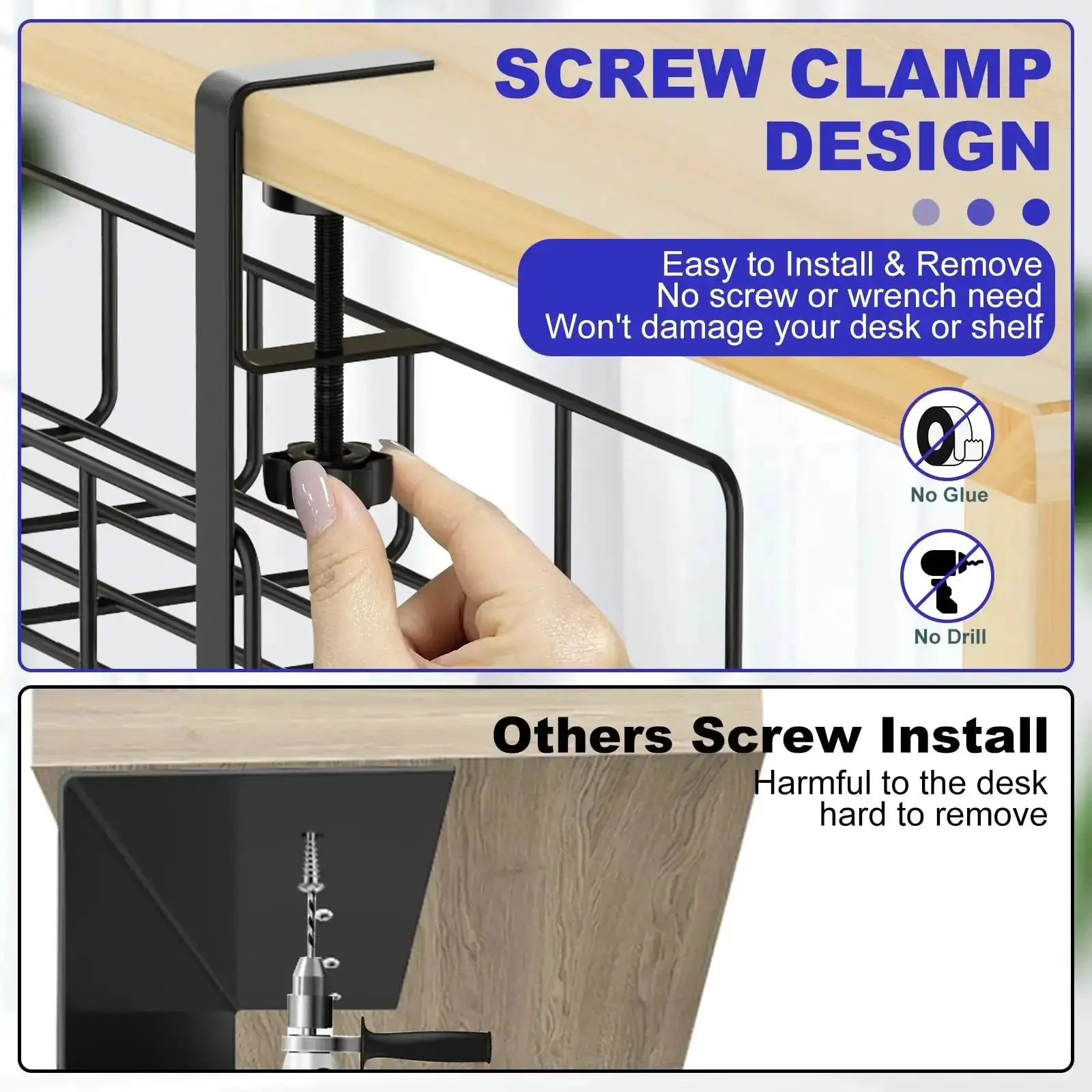 Under Desk Cable Management Tray No Drill Setup Clamp Mount Steel Wire Organizer For Home Office 15.7 Inch Black Metal Cord Rack Keeps Cables Tidy And Easy To Dismantle Ideal For Home Office Desks And Workstations - Image 7