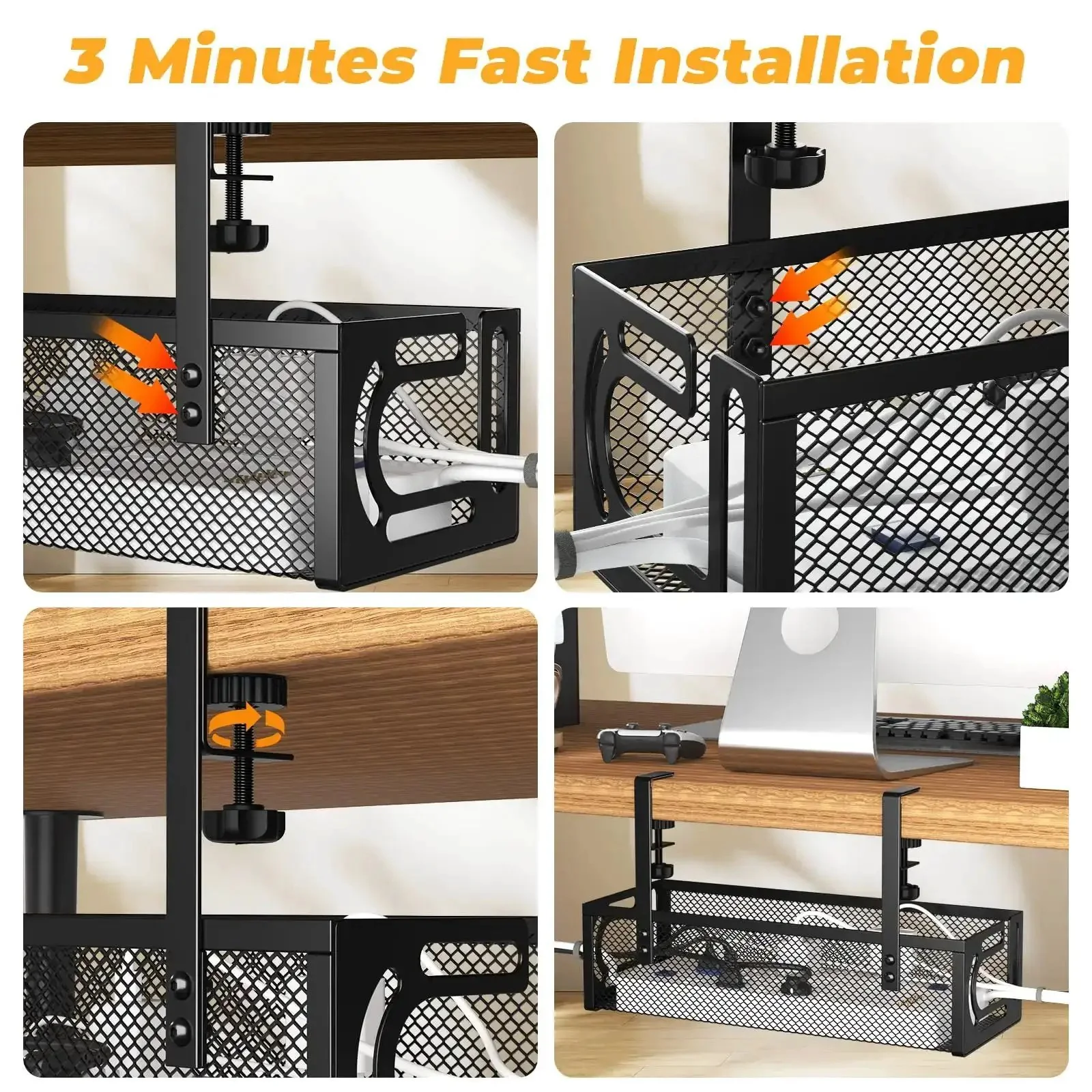 Under Desk Cable Management Tray No Drill Steel Desk Organizer With Side Opening Design Large Capacity Wire Management Rack Black 15.7 Inch Cord Hideaway For A Neat Quick Cable Cleanup - Image 3