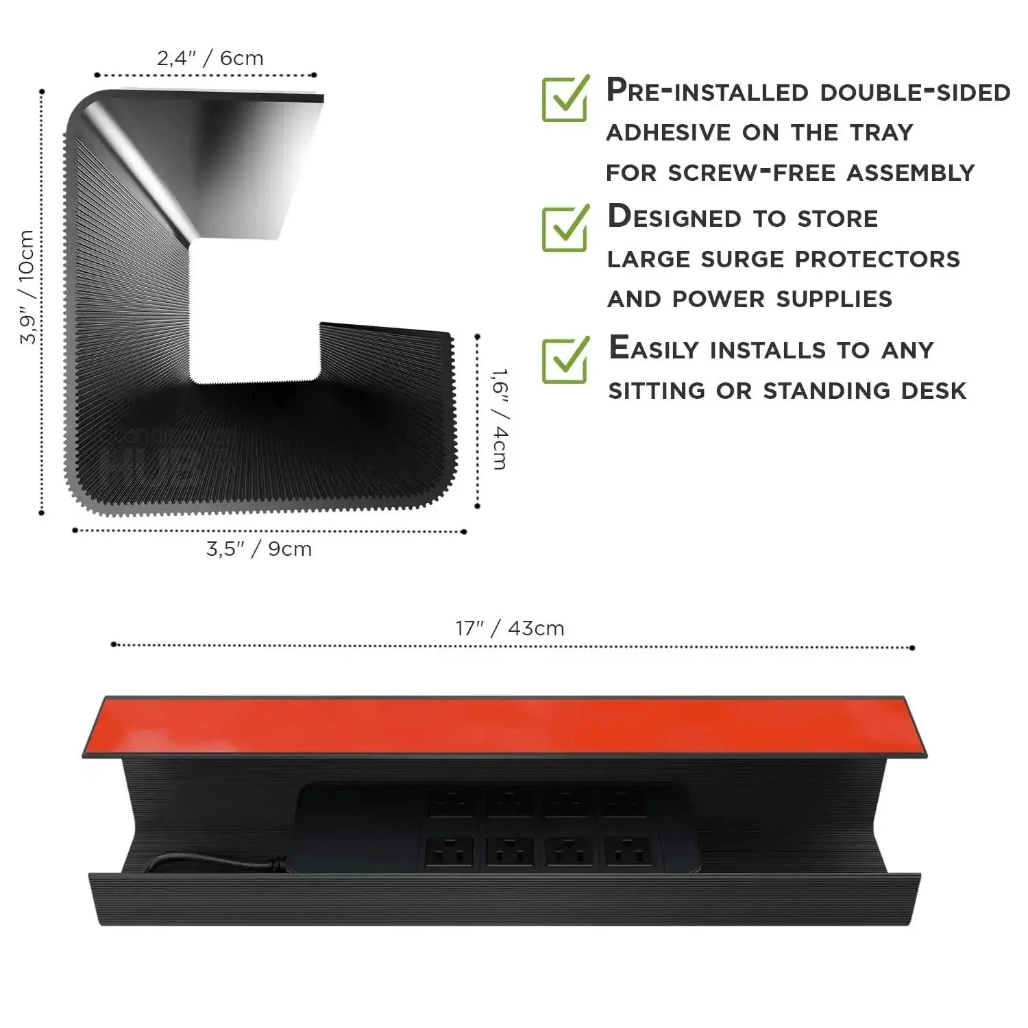 Under Desk Cable Management Tray Set Of 2 With Self Adhesive Installation No Screw Cord Organizer For Clean Desk Look Black Slim Cable Tray To Hide Wires And Tidy Your Workspace - Image 3