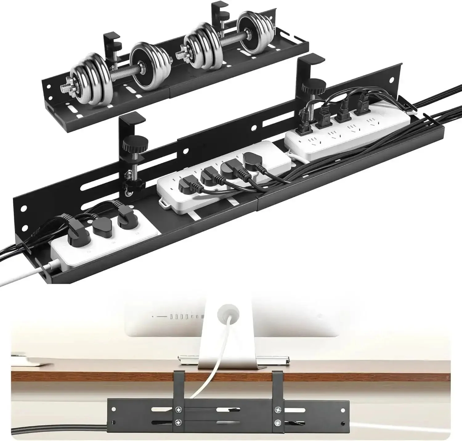 Under Desk Cable Management Tray With 17 To 30 Inches Retractable Cord Organizer, Clamp Mount Wire Basket, Power Strip Holder And Metal Cord Organizer For Office And Home