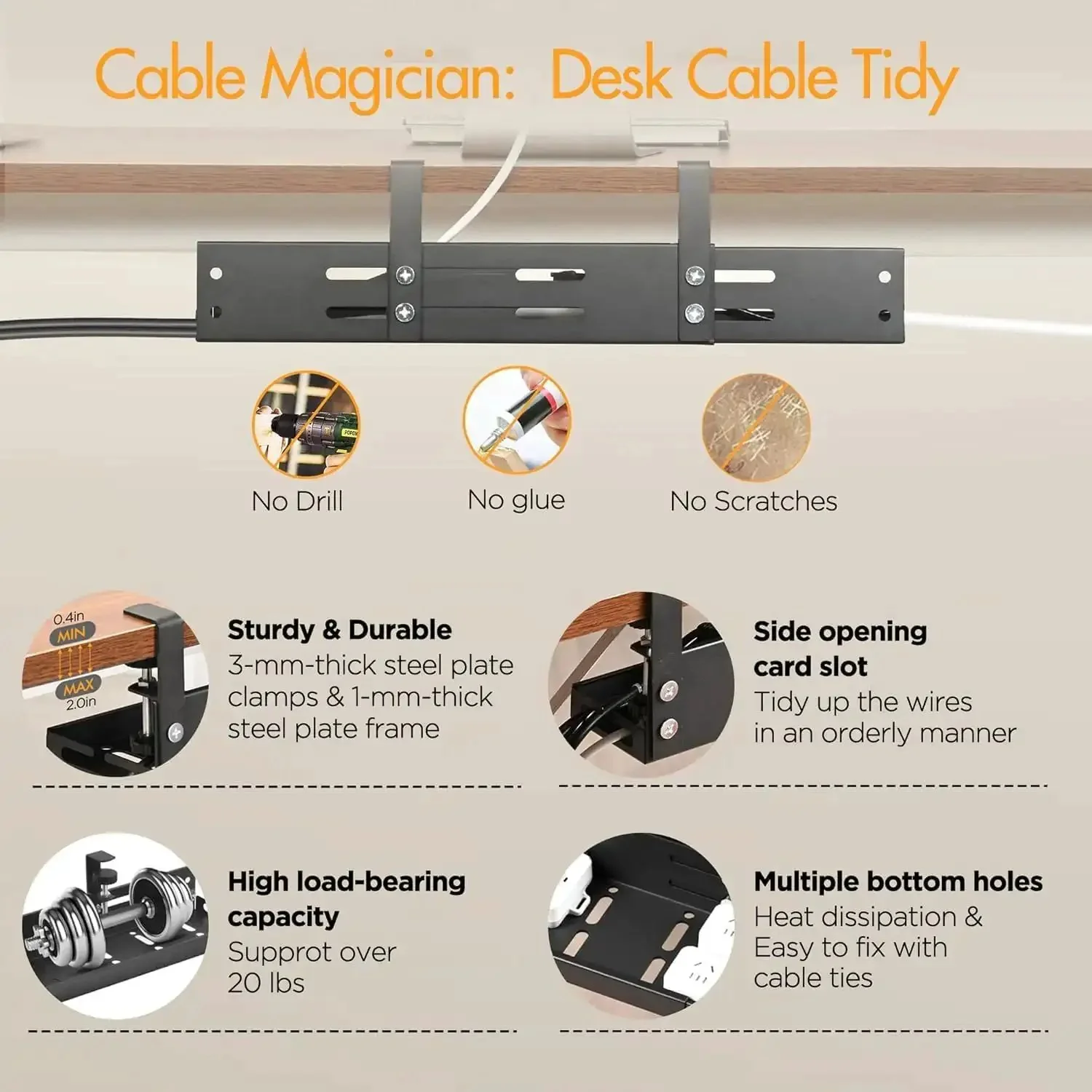 Under Desk Cable Management Tray With 17 To 30 Inches Retractable Cord Organizer, Clamp Mount Wire Basket, Power Strip Holder And Metal Cord Organizer For Office And Home - Image 6