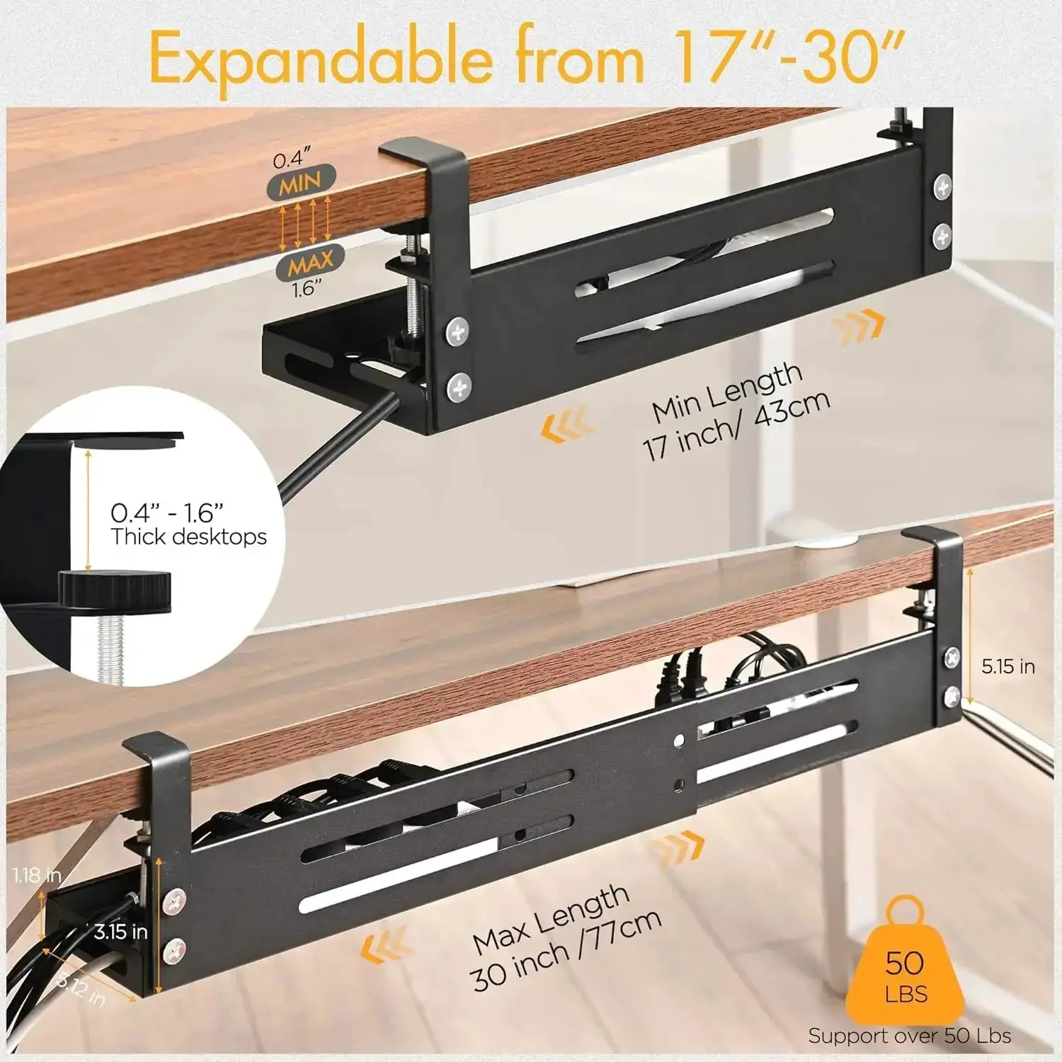 Under Desk Cable Management Tray With 17 To 30 Inches Retractable Cord Organizer, Clamp Mount Wire Basket, Power Strip Holder And Metal Cord Organizer For Office And Home - Image 7