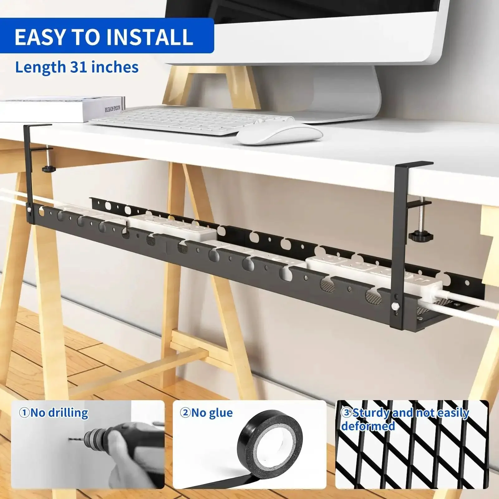 Under Desk Cable Management Tray With Clamp For No Drill Setup 31 Inch Long Two Hole Raceway Cord Organizer For Standing Desk Sturdy Metal Wire Management System Keeps Cables Neat And Prevents Desk Damage - Image 2