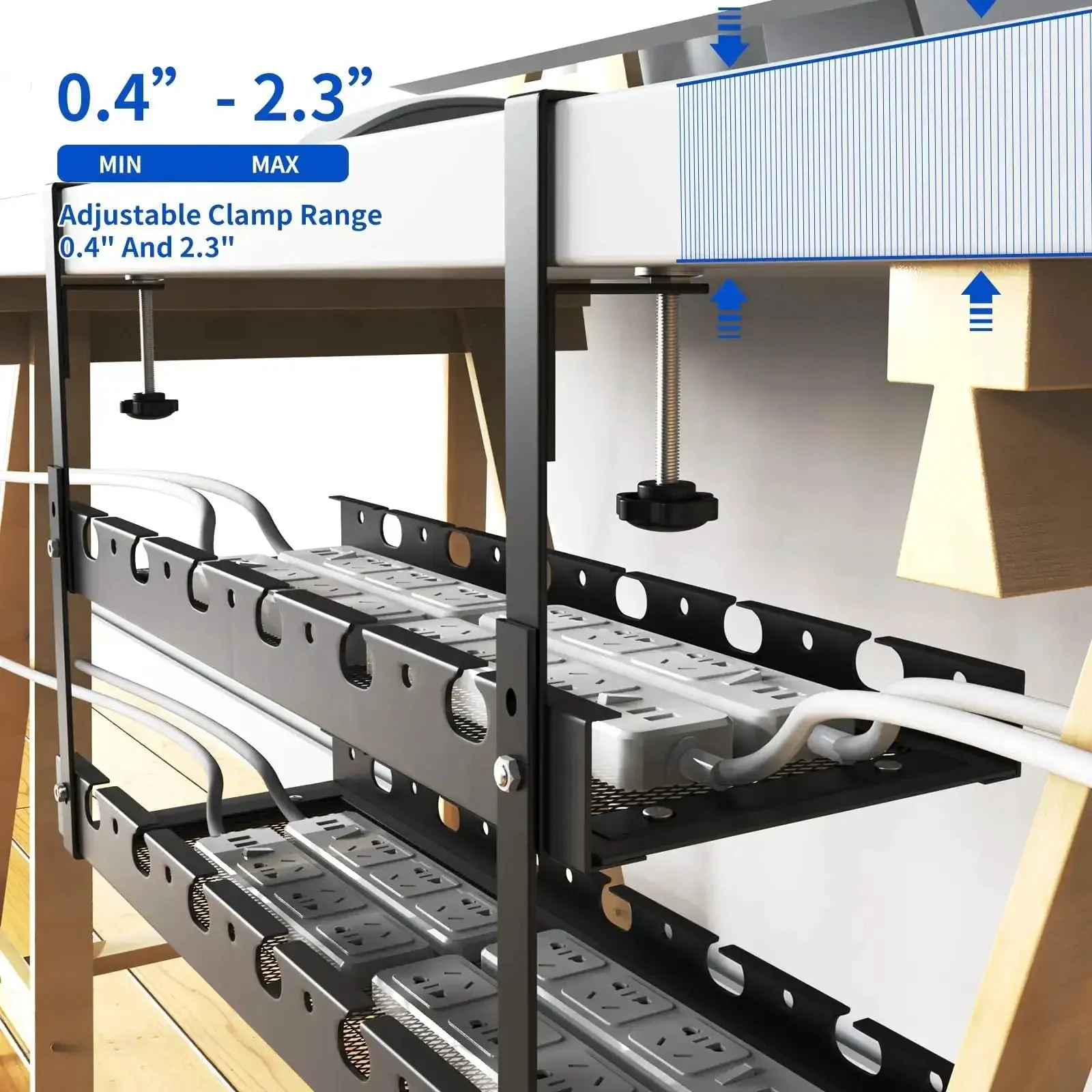 Under Desk Cable Management Tray With Clamp For No Drill Setup 31 Inch Long Two Hole Raceway Cord Organizer For Standing Desk Sturdy Metal Wire Management System Keeps Cables Neat And Prevents Desk Damage - Image 3