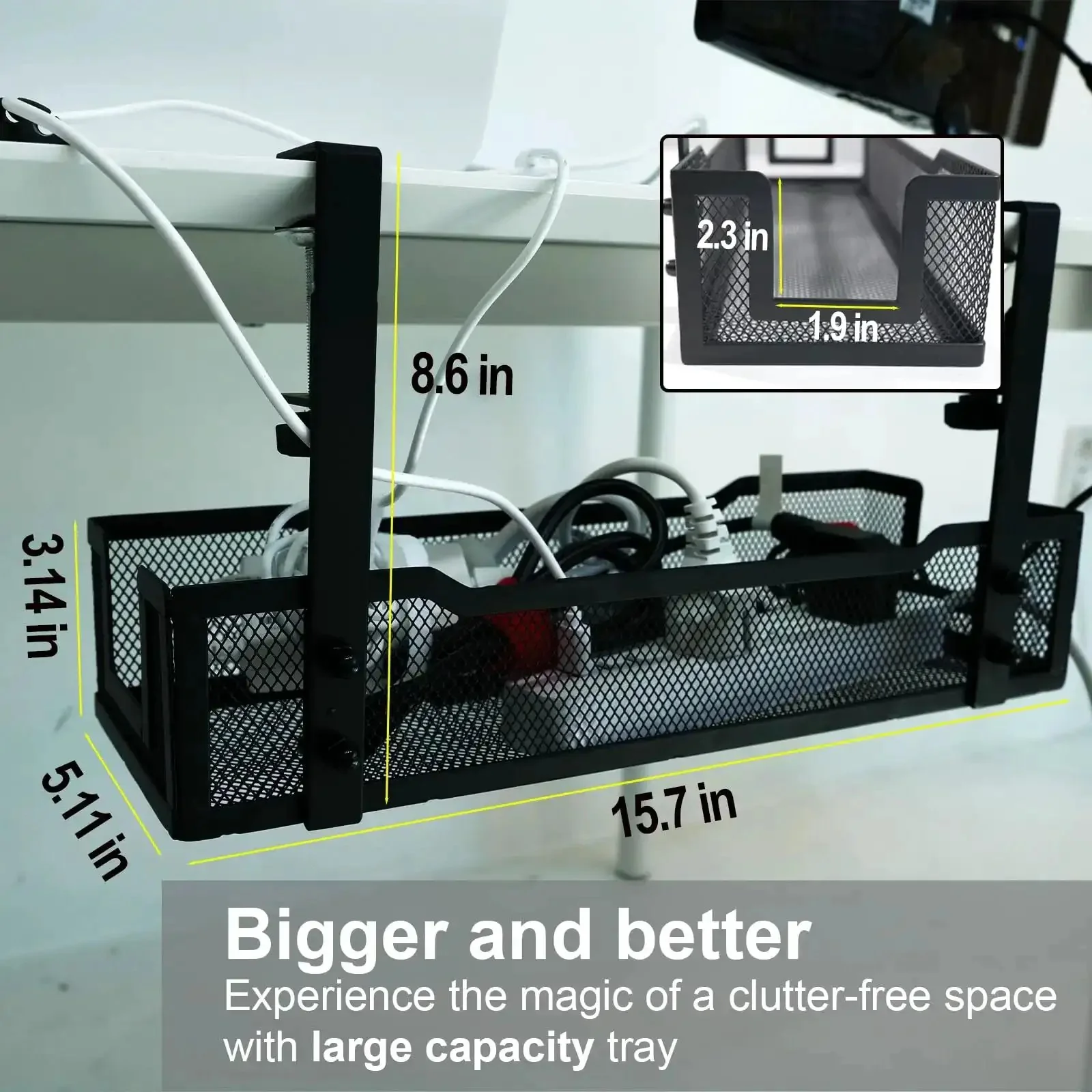 Under Desk Cable Management Tray With Clamp For Quick No Drill Setup A Slick Wire Basket And Cord Organizer With Charger Holder Thin Steel Tray Easy To Install Black Finish For Home Or Office Desks - Image 6