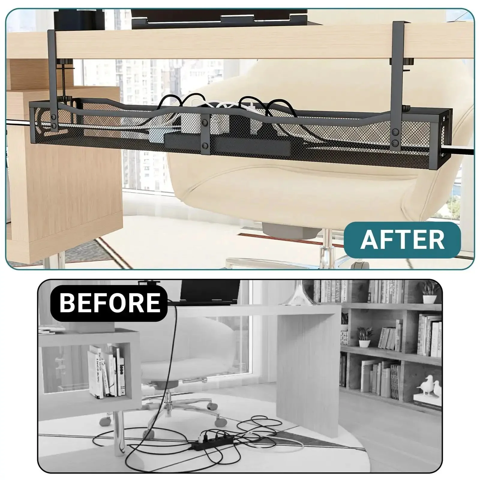Under Desk Cable Management Tray With Clamp No Drill Installation 25.3 Inch Large Capacity Metal Cord Organizer For Standing Desks Home Office And Gaming Setup Black - Image 4