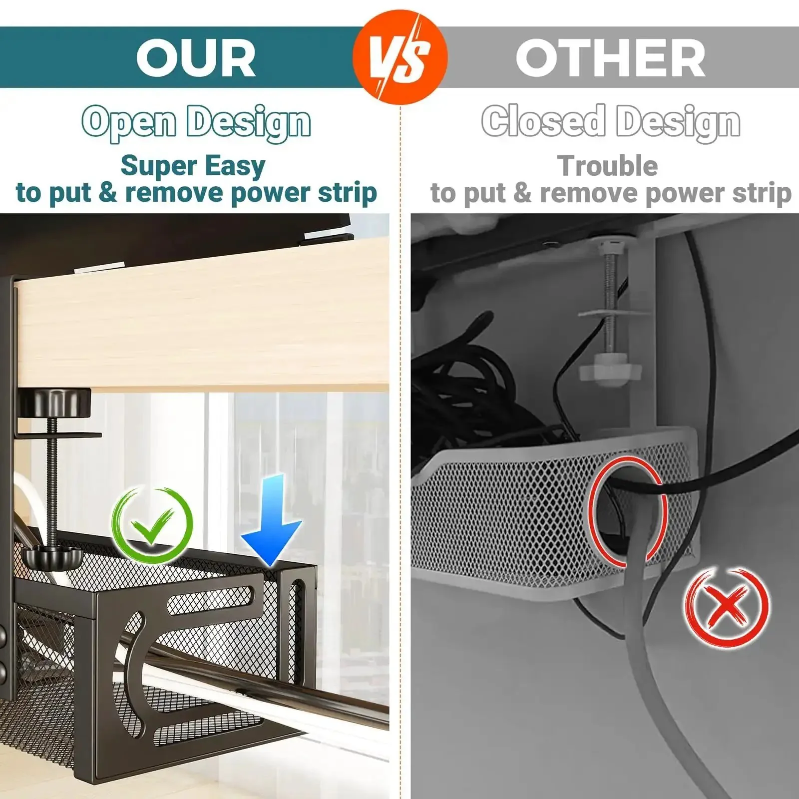 Under Desk Cable Management Tray With Clamp No Drill Installation 25.3 Inch Large Capacity Metal Cord Organizer For Standing Desks Home Office And Gaming Setup Black - Image 5