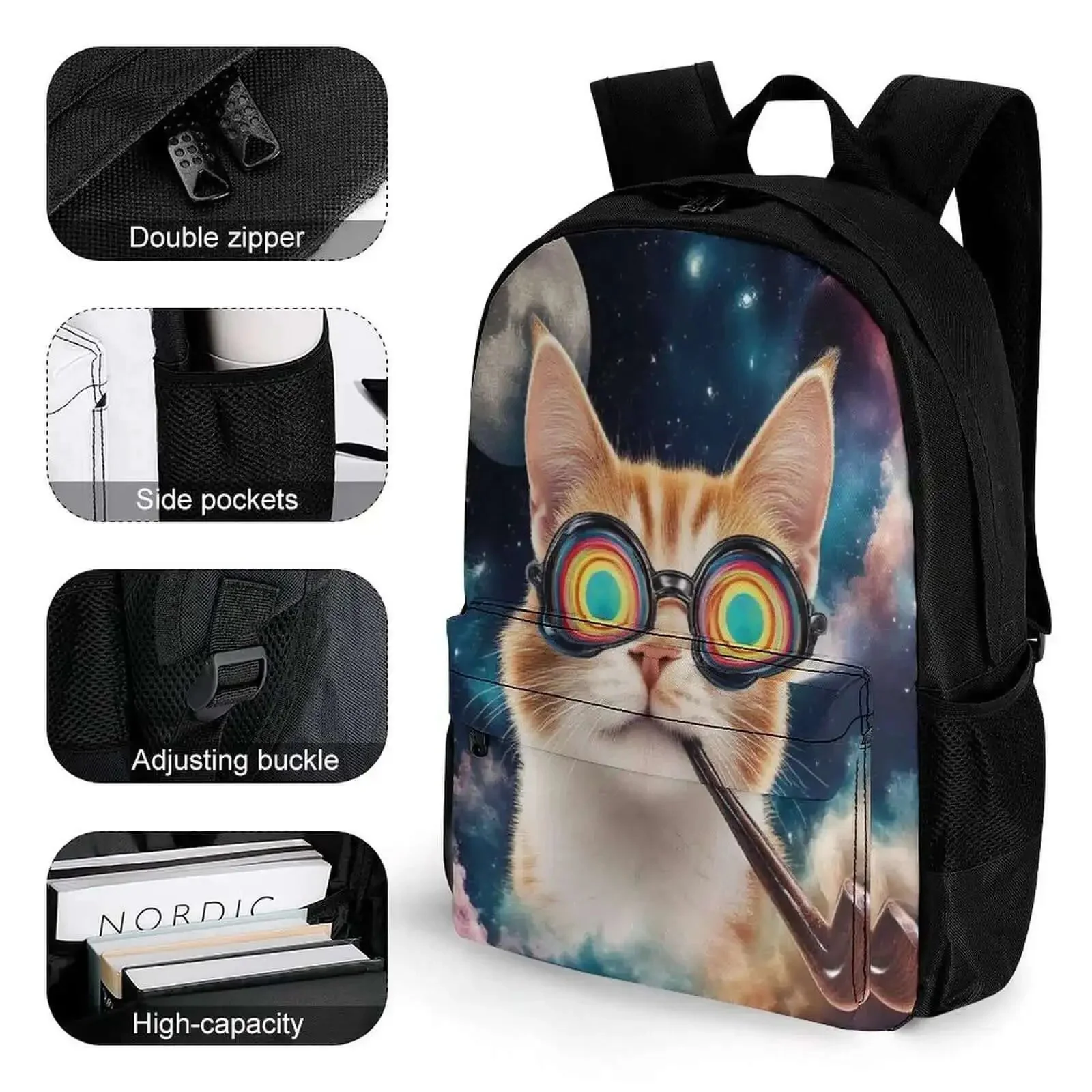 Unisex Laptop Backpack With Big Storage For Work And College Dope Galaxy Space Cat Sunglasses Theme Easy To Organize Comfortable Breathable Straps Durable Polyester Travel Bag - Image 6