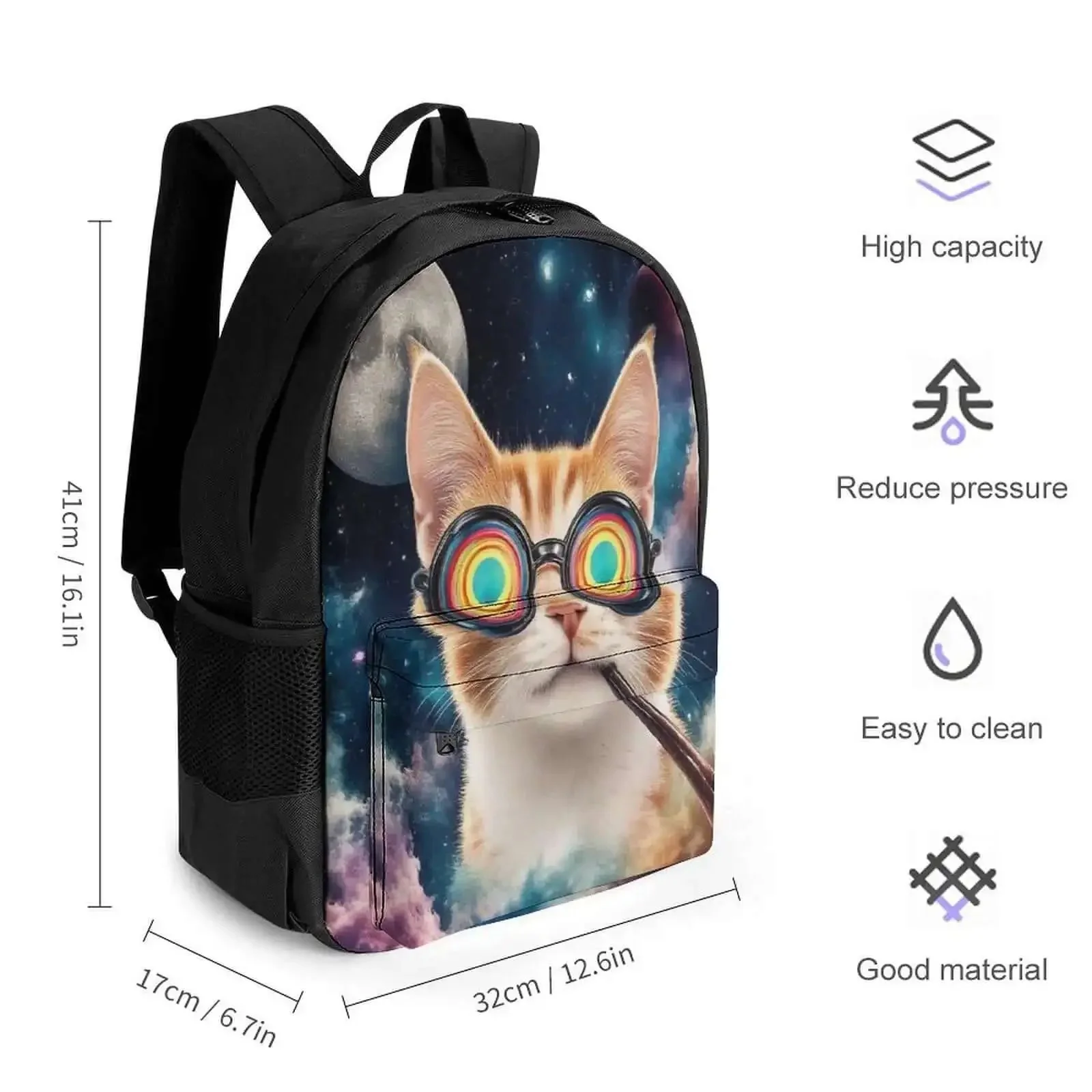 Unisex Laptop Backpack With Big Storage For Work And College Dope Galaxy Space Cat Sunglasses Theme Easy To Organize Comfortable Breathable Straps Durable Polyester Travel Bag - Image 7