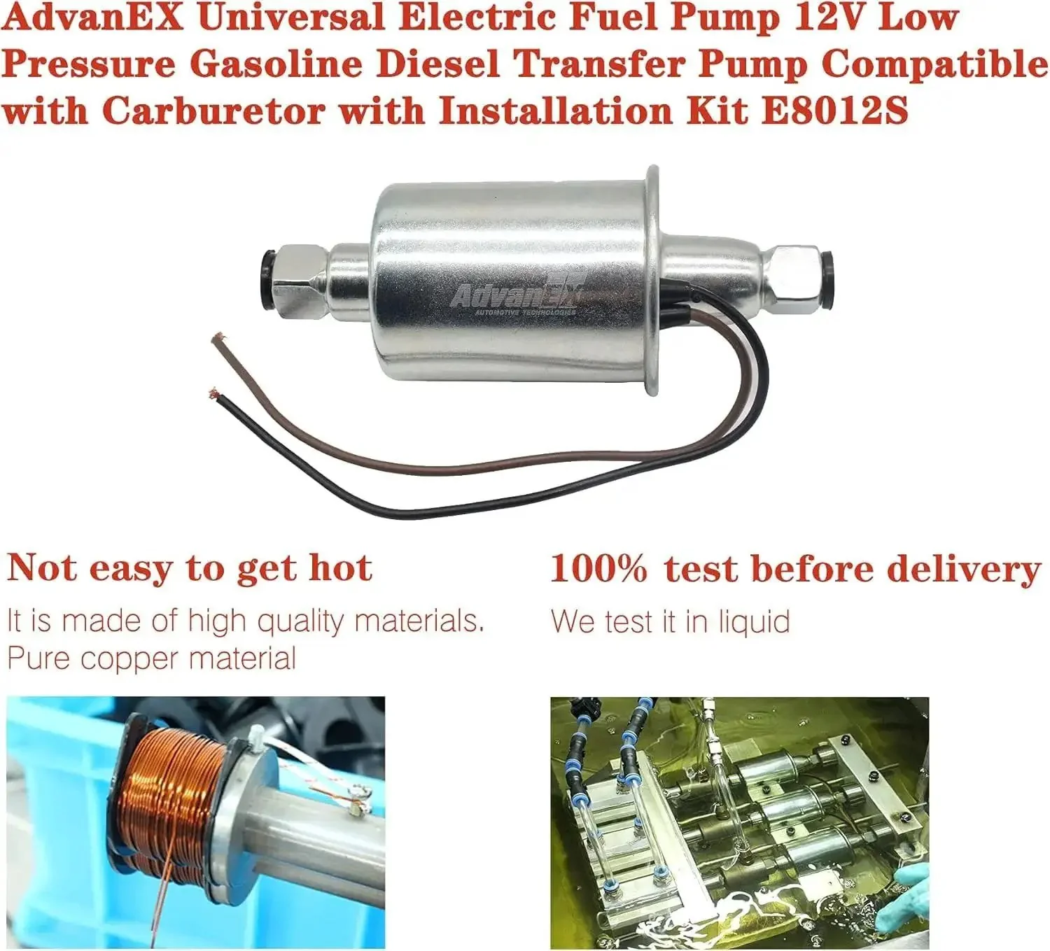 Universal 12V Electric Fuel Pump Low Pressure Transfer Pump For Gasoline And Diesel With Installation Kit For Carburetors Fits Cars Trucks Boats Generators 80 Liters Per Hour Flow Rate 5 To 9 PSI Copper Wire Core OEM Part E8012S - Image 6