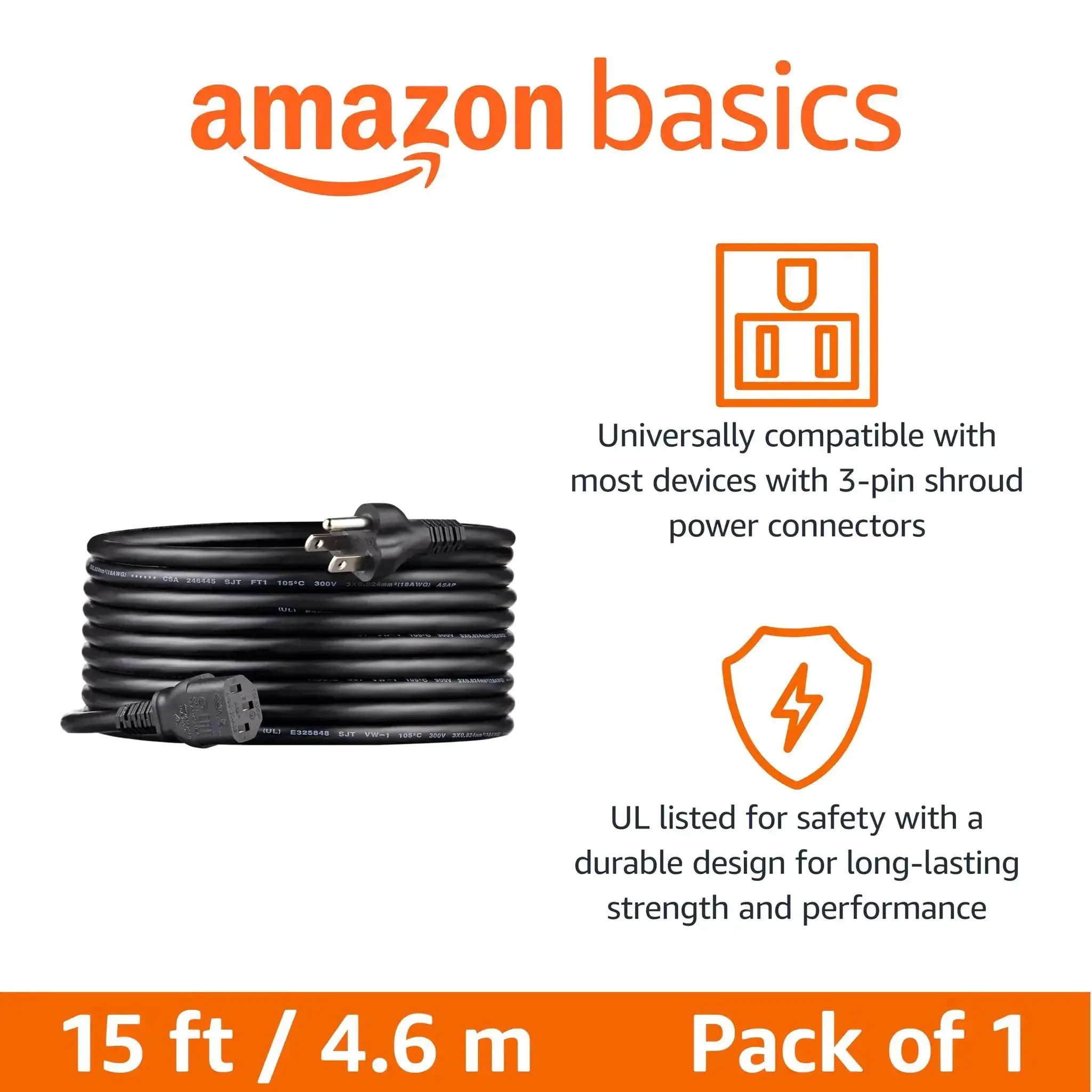 Universal 15 Foot Power Cord For PC Monitor And Printer 3 Prong 18 AWG 125V NEMA 5-15P To IEC320C13 UL Listed Black Cable Built For Home Office Desktops Monitors Printers And Other 125V Electronics - Image 6
