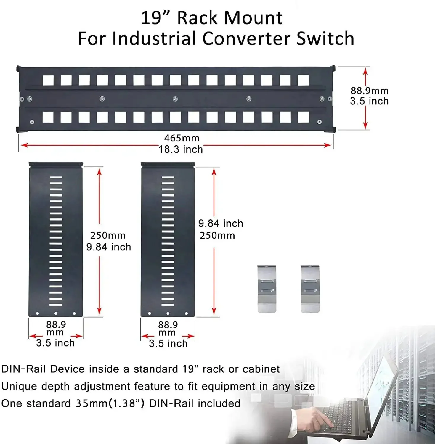 Universal 2U 19 Inch Rack Mount Kit For DIN Rail Devices With Adjustable Depth Includes 1.38 Inch DIN Rail Track Simplified Mounting For Industrial Media Converters In Standard Cabinets And Server Racks - Image 7