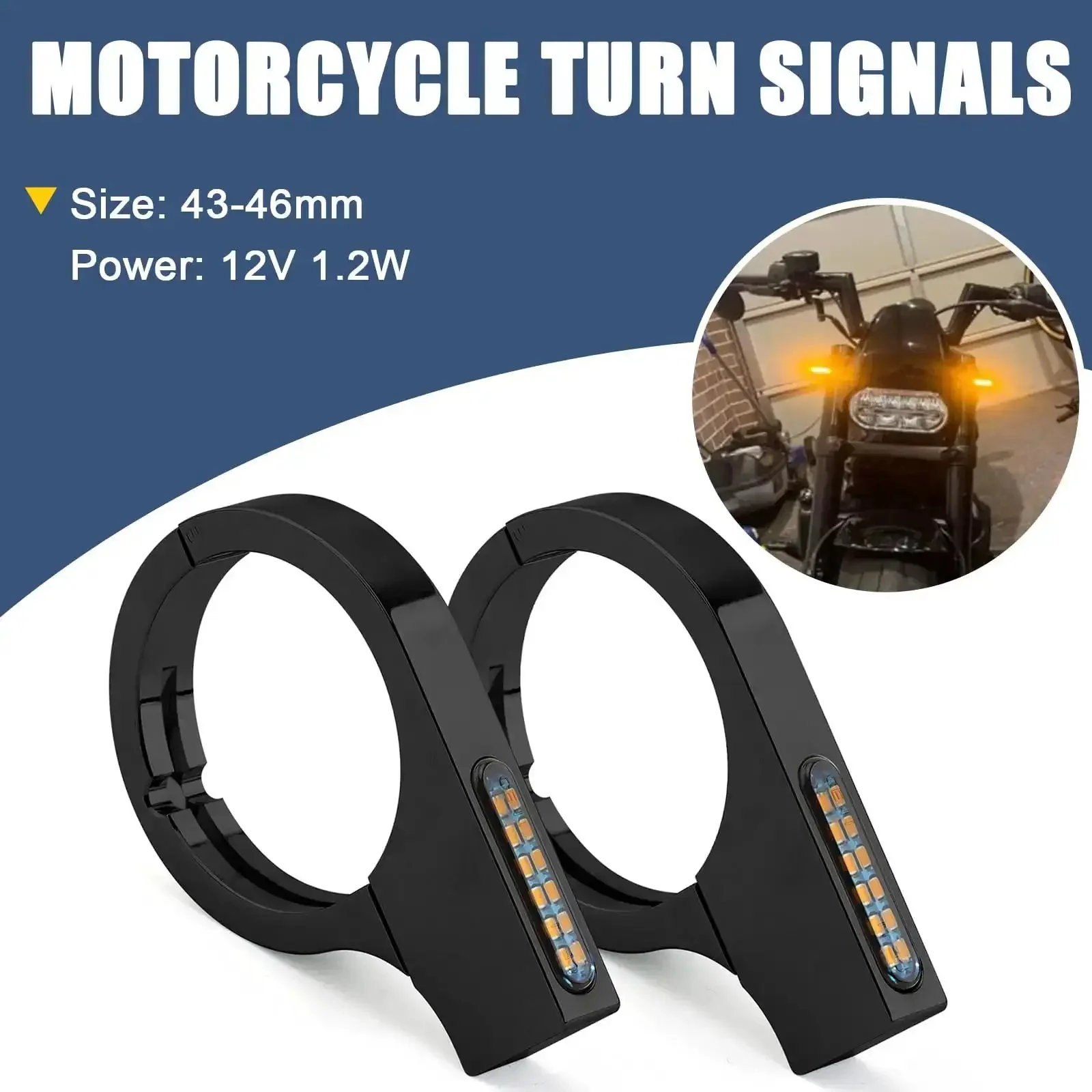 Universal 43 46mm Front Fork LED Turn Signals for Motorcycles 12V Amber Indicator Lights with Clamps Easy Install for Cruisers Bobbers Cafe Racers Choppers Streetfighters and More - Image 2